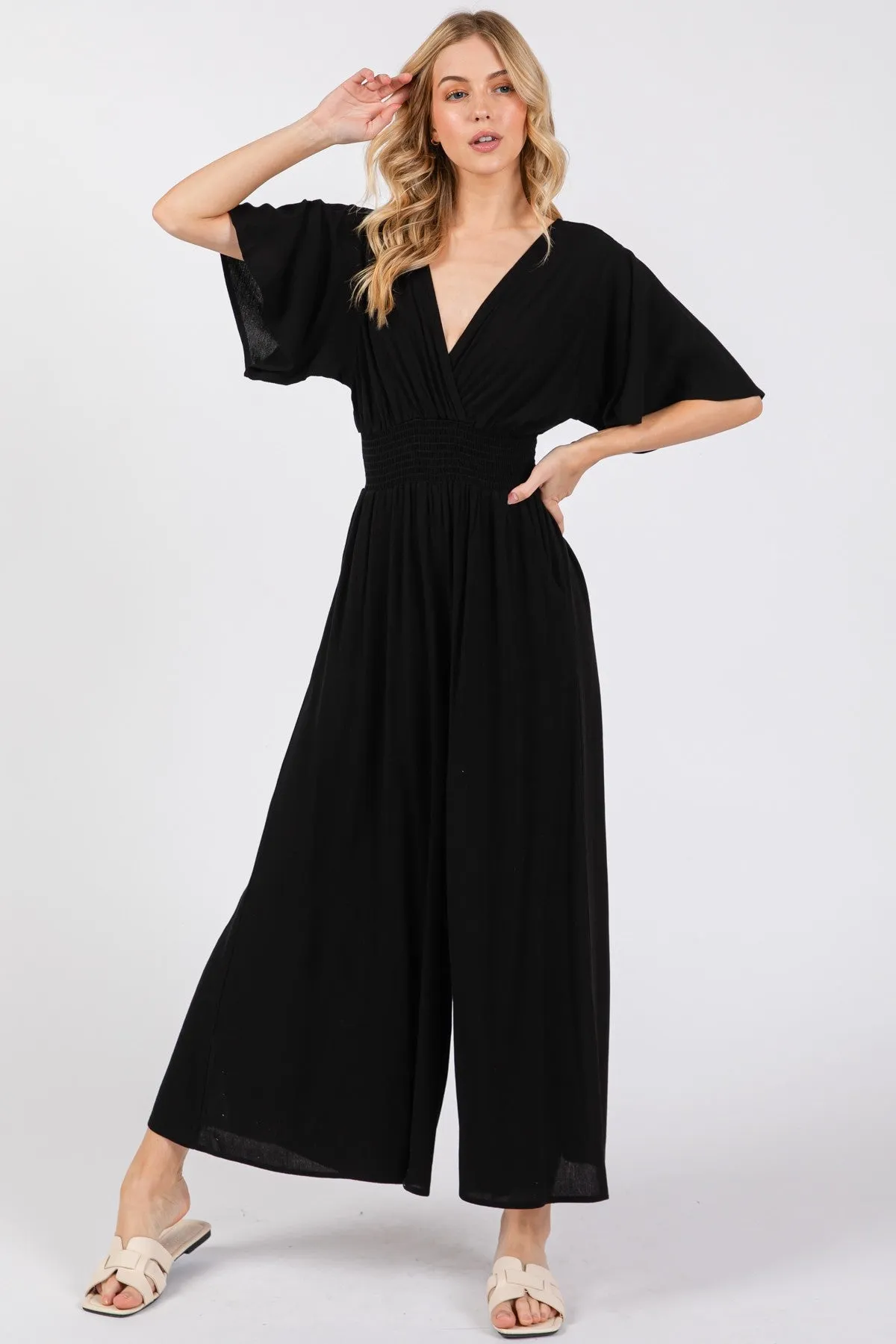 CREPE TIE BACK SHORT SLEEVE JUMPSUIT