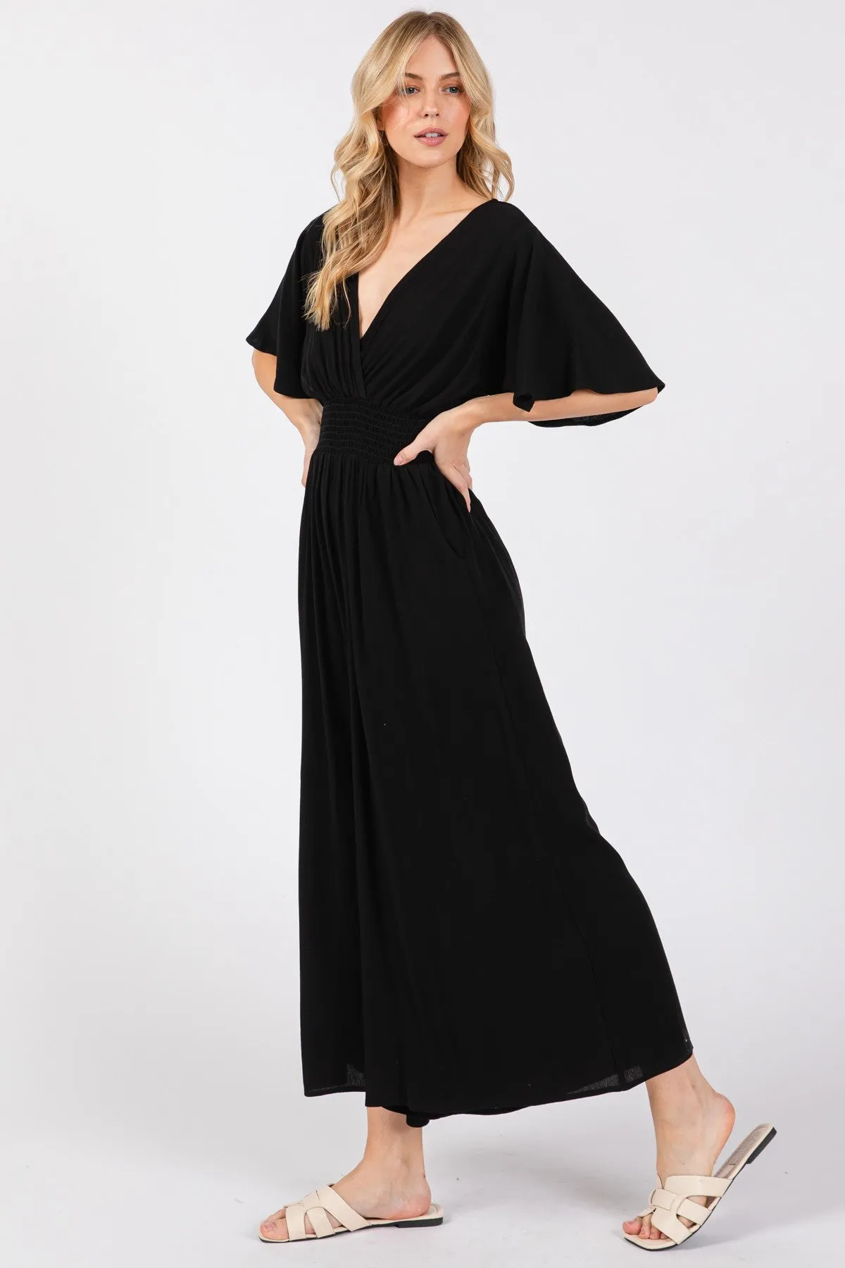 CREPE TIE BACK SHORT SLEEVE JUMPSUIT