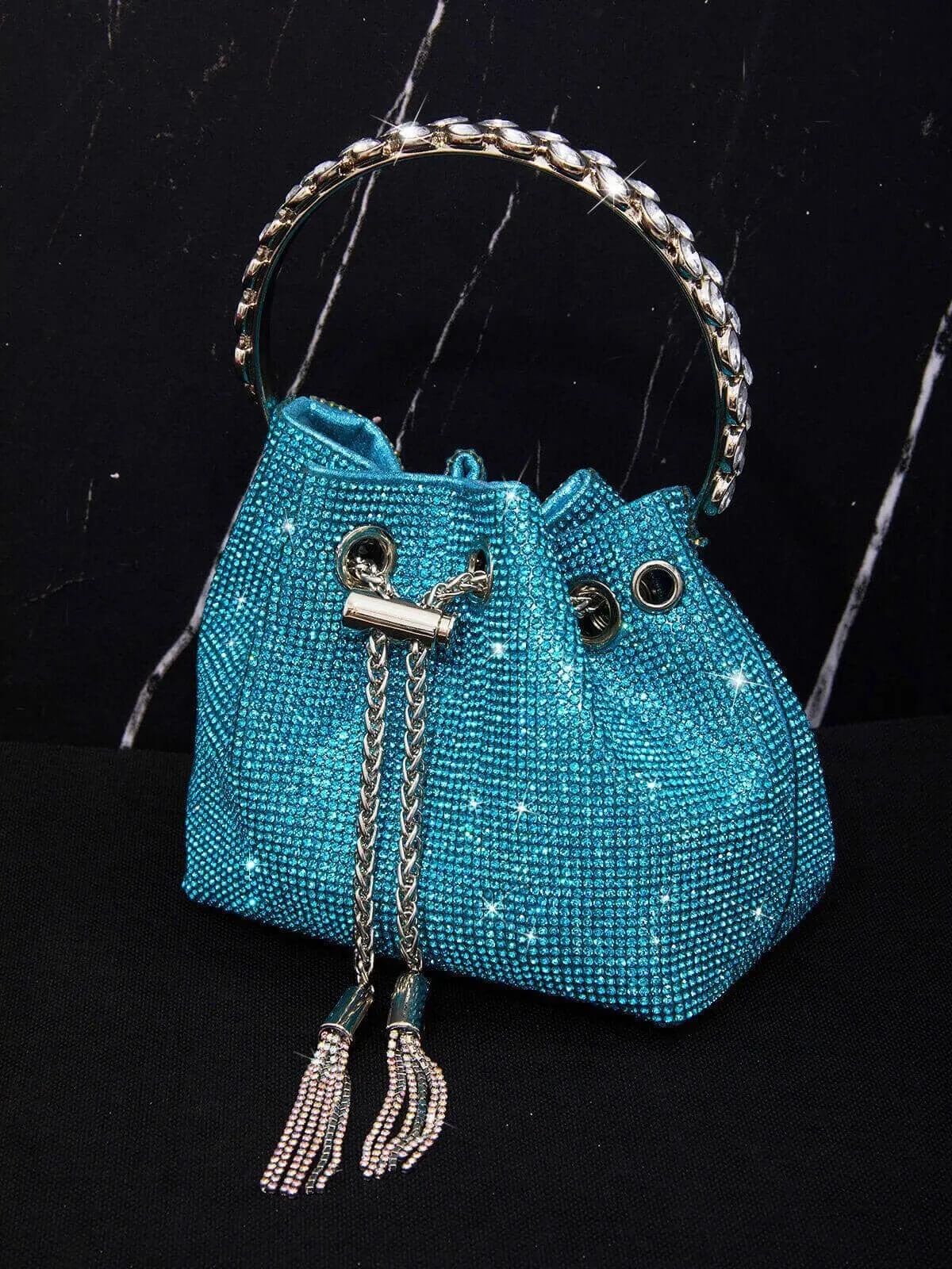 CRYSTAL EMBELLISHED BUCKET BAG IN BLUE Gloria Lanvin