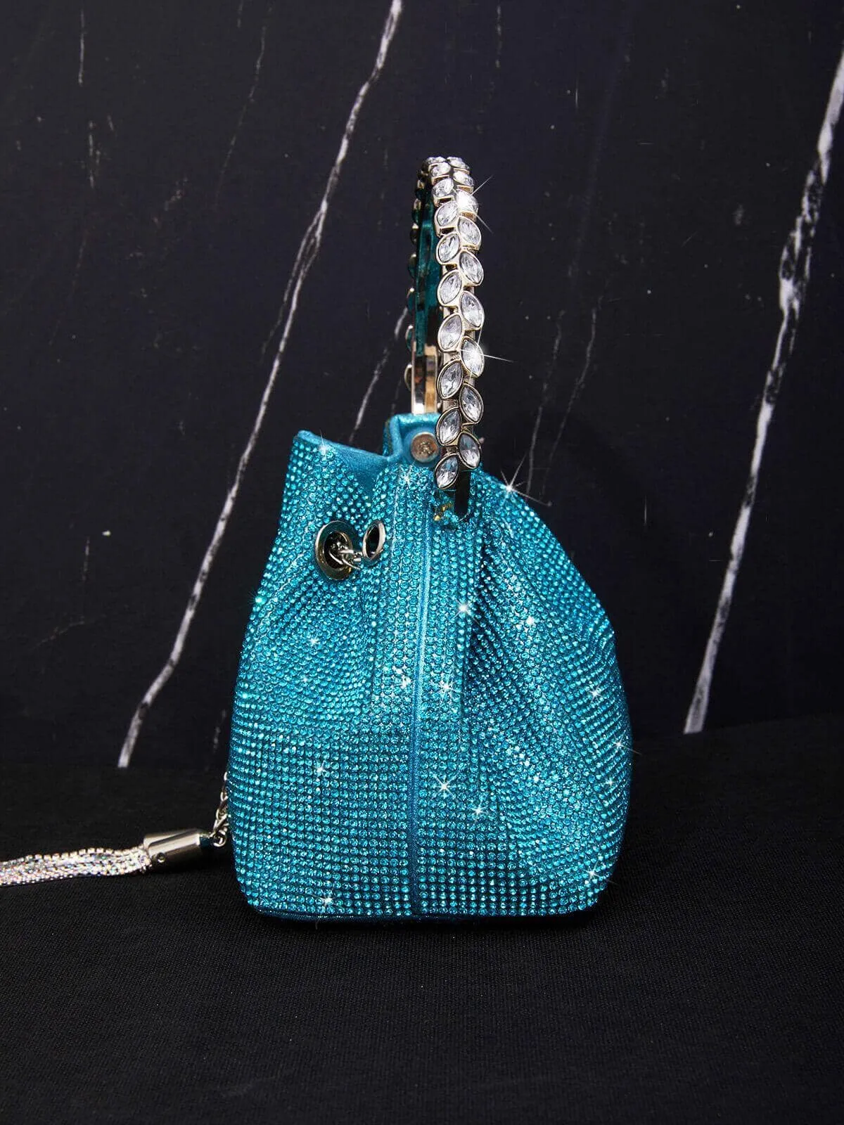 CRYSTAL EMBELLISHED BUCKET BAG IN BLUE Gloria Lanvin