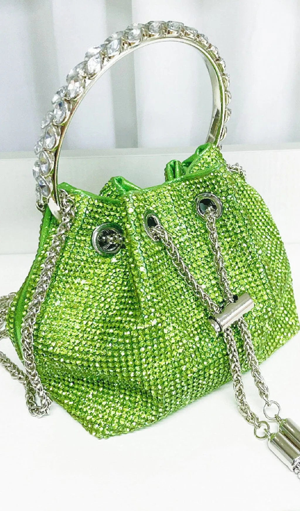 CRYSTAL EMBELLISHED BUCKET BAG IN GREEN Gloria Lanvin