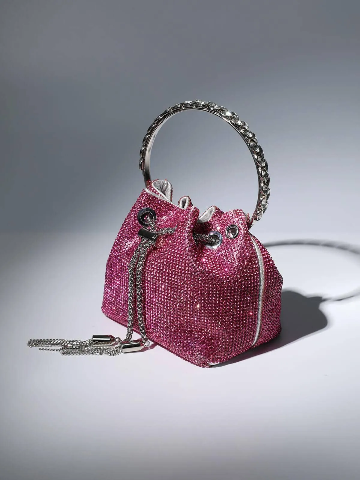 CRYSTAL EMBELLISHED BUCKET BAG IN HOT PINK Gloria Lanvin