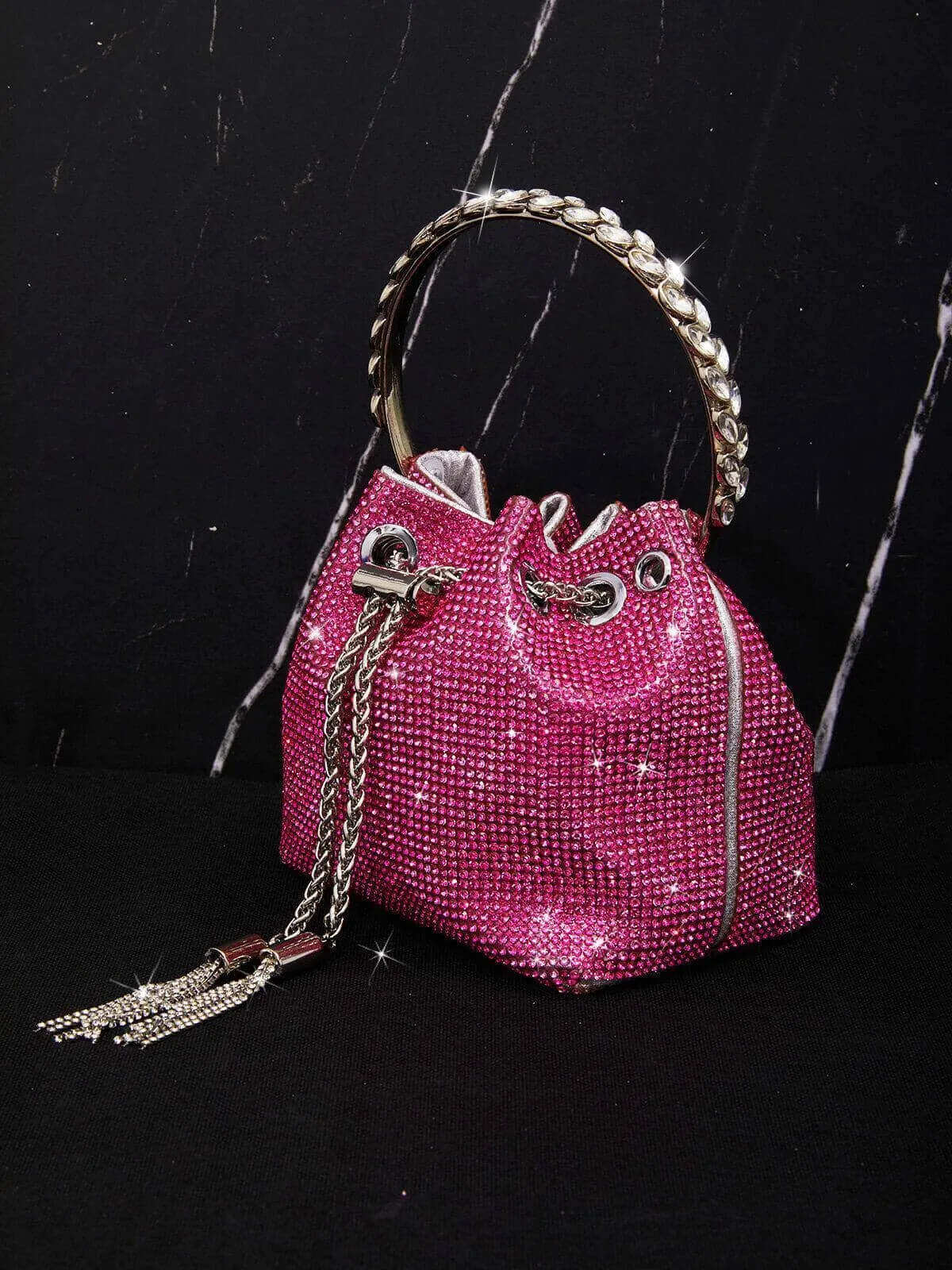 CRYSTAL EMBELLISHED BUCKET BAG IN HOT PINK Gloria Lanvin