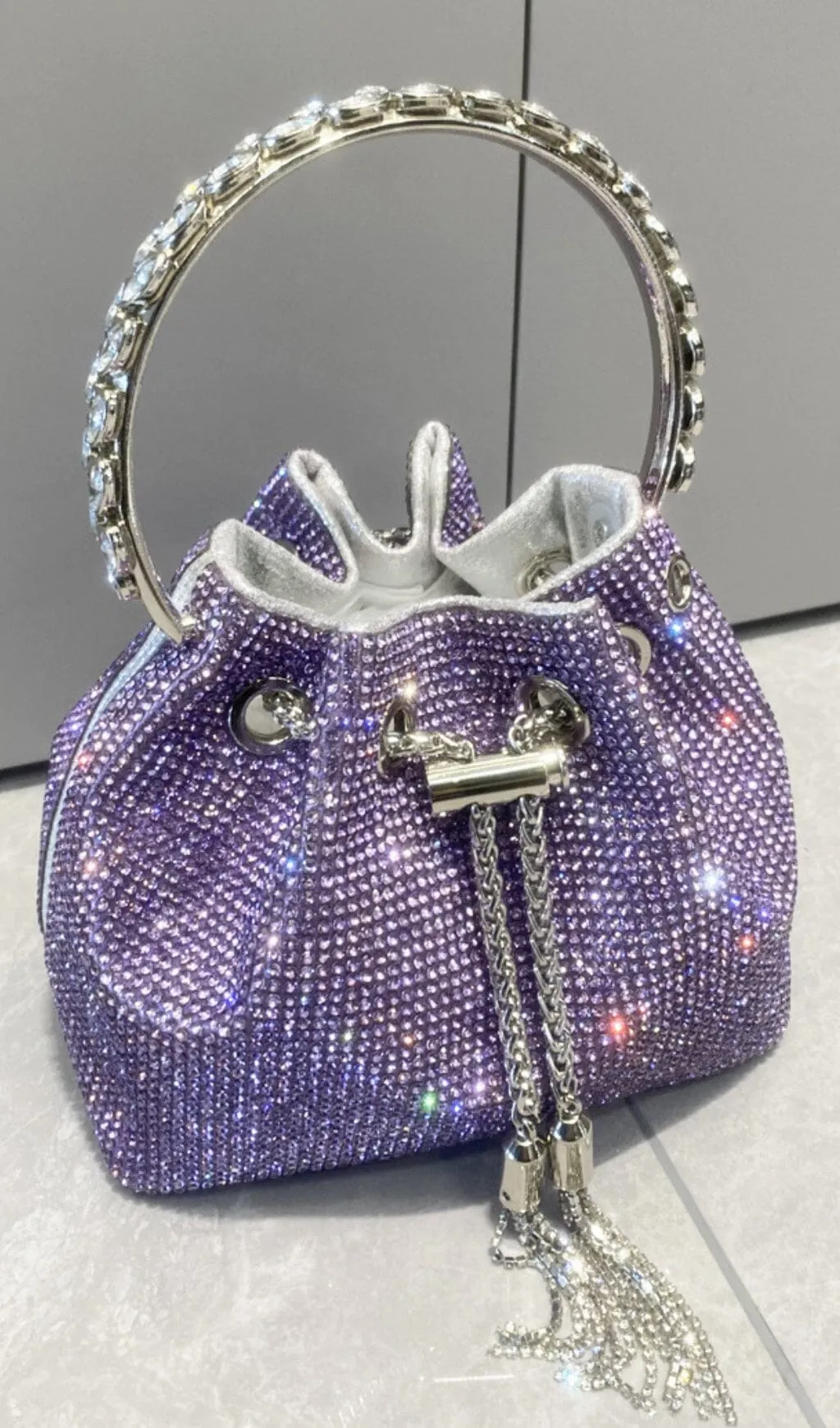 CRYSTAL EMBELLISHED BUCKET BAG IN PURPLE Gloria Lanvin