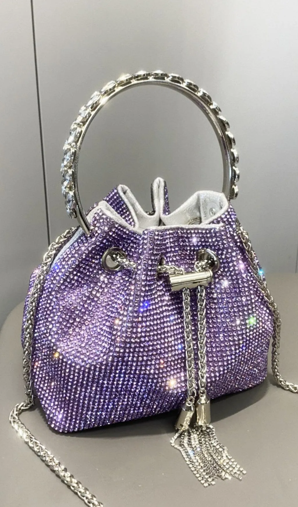 CRYSTAL EMBELLISHED BUCKET BAG IN PURPLE Gloria Lanvin