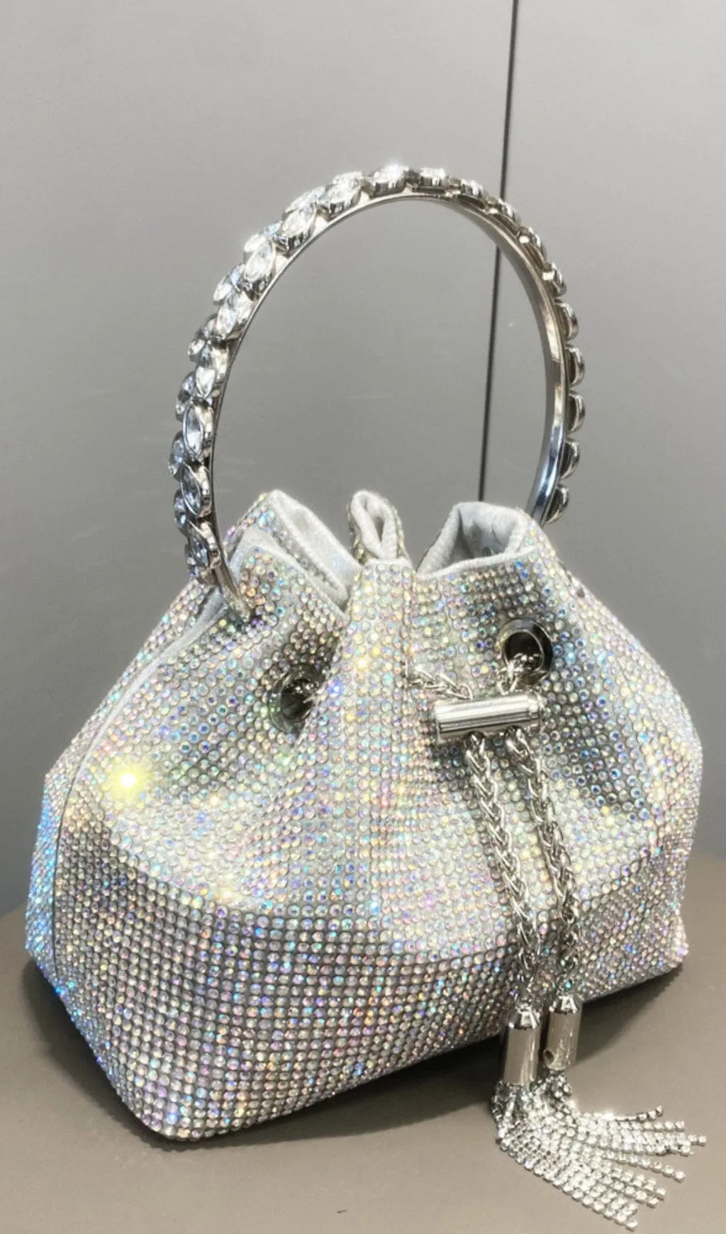 CRYSTAL EMBELLISHED BUCKET BAG IN SILVER Gloria Lanvin