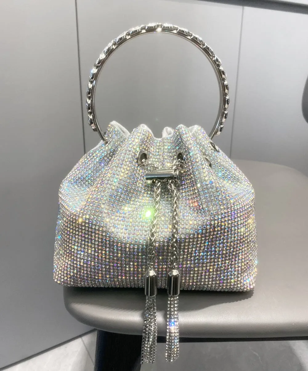 CRYSTAL EMBELLISHED BUCKET BAG IN SILVER Gloria Lanvin