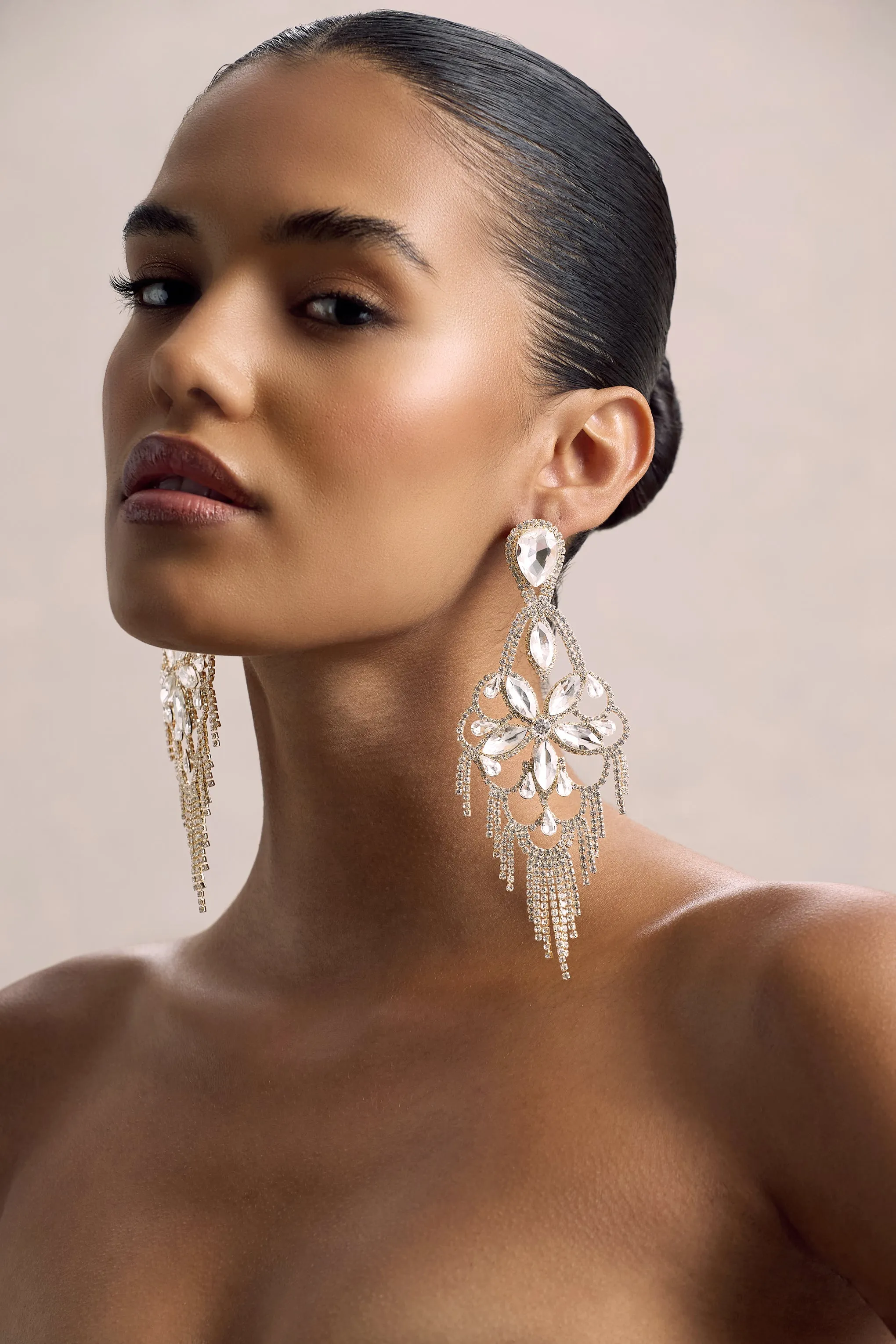 Crystalia | Gold Diamante Floral Statement Drop Earrings Club L London
