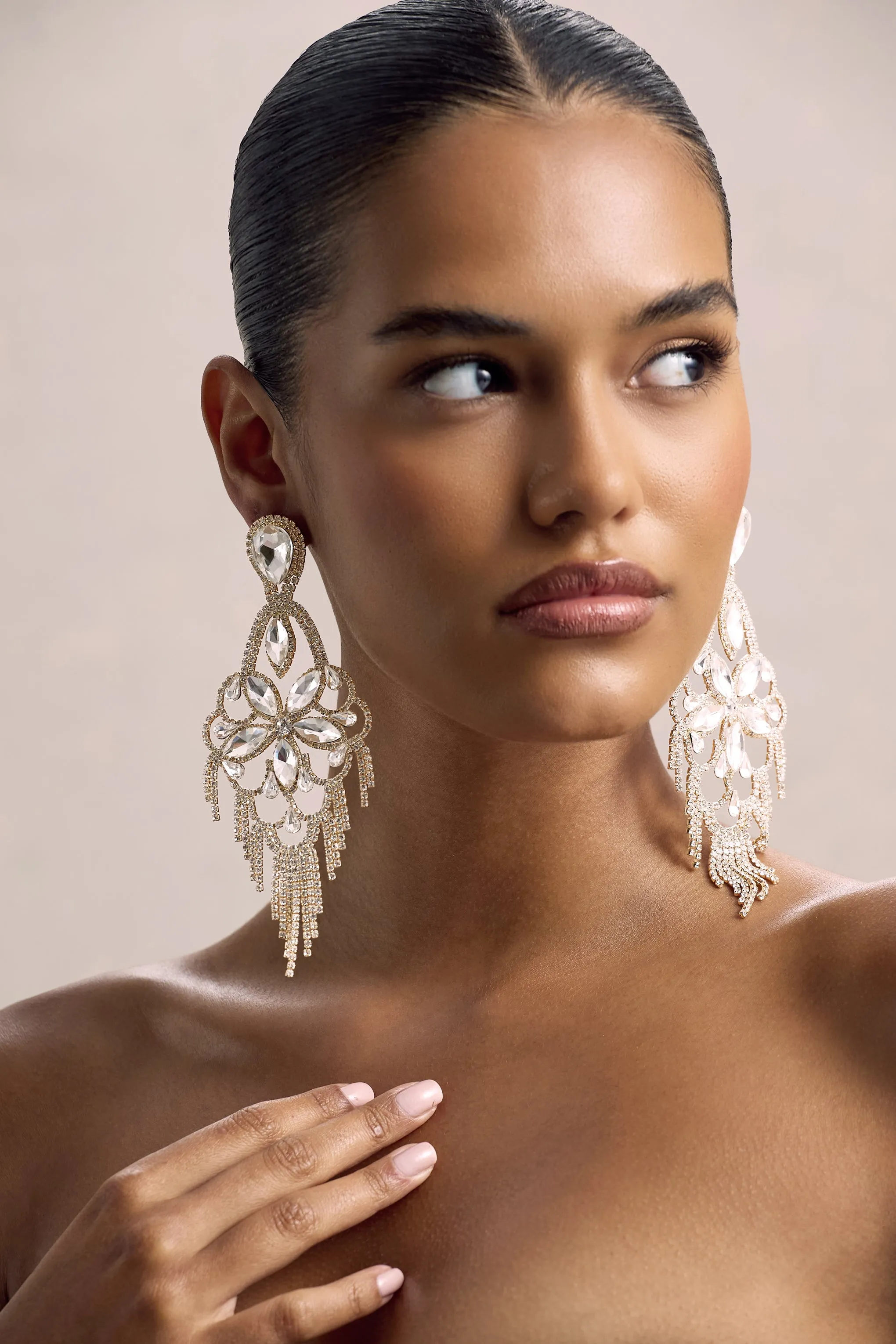 Crystalia | Gold Diamante Floral Statement Drop Earrings Club L London