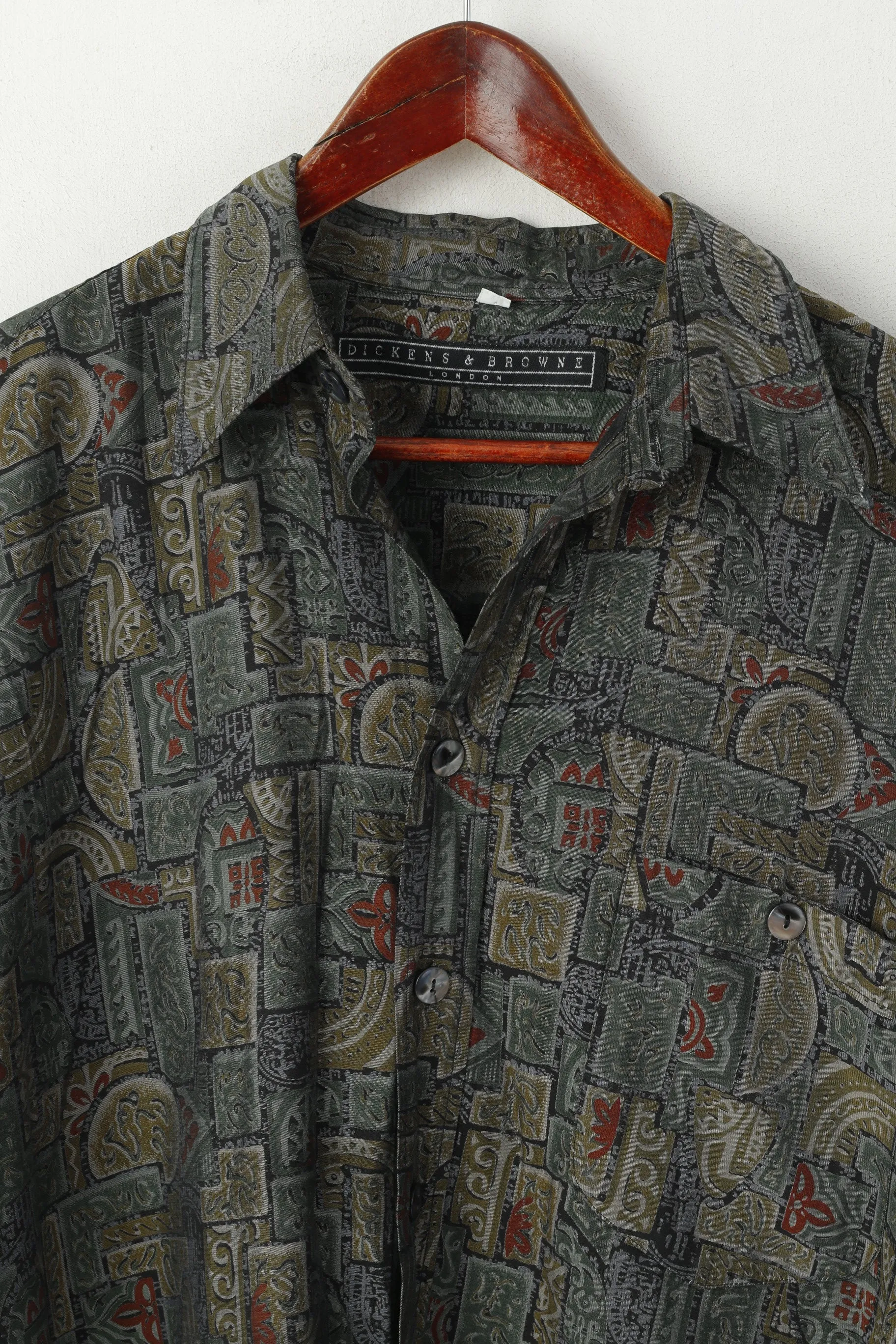 Dickens & Browne Men 4 XL Casual Shirt Green Retro Printed Viscose Long Sleeve Top