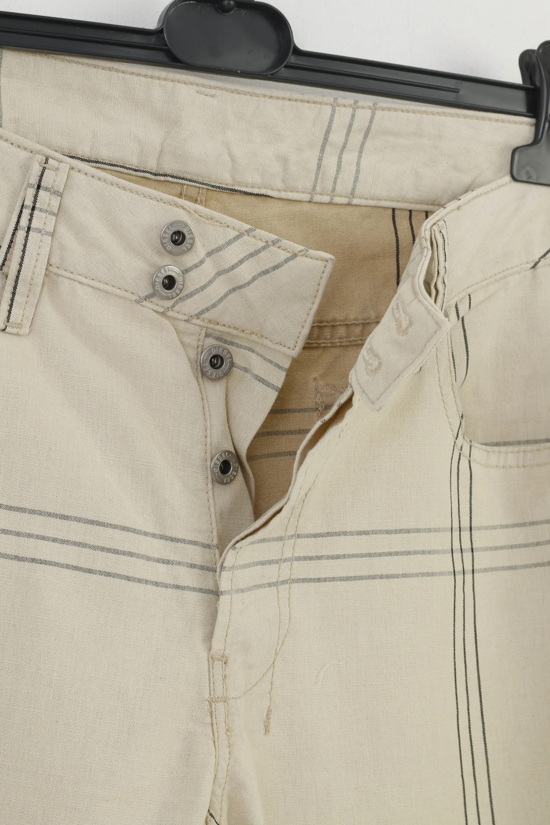 Diesel Industry Men 36 Trousers Cream Cotton Striped Buttons Top