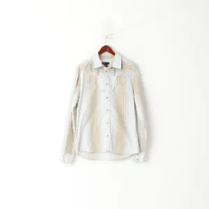 Diesel Men L Casual Shirt Blue Beige Striped Cotton Emroidered Snap Western Top