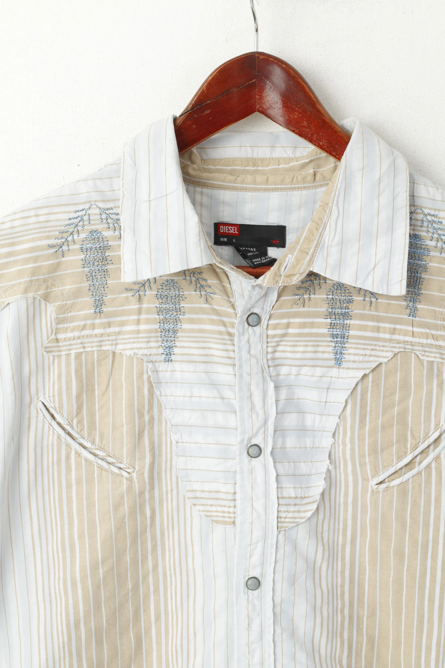 Diesel Men L Casual Shirt Blue Beige Striped Cotton Emroidered Snap Western Top
