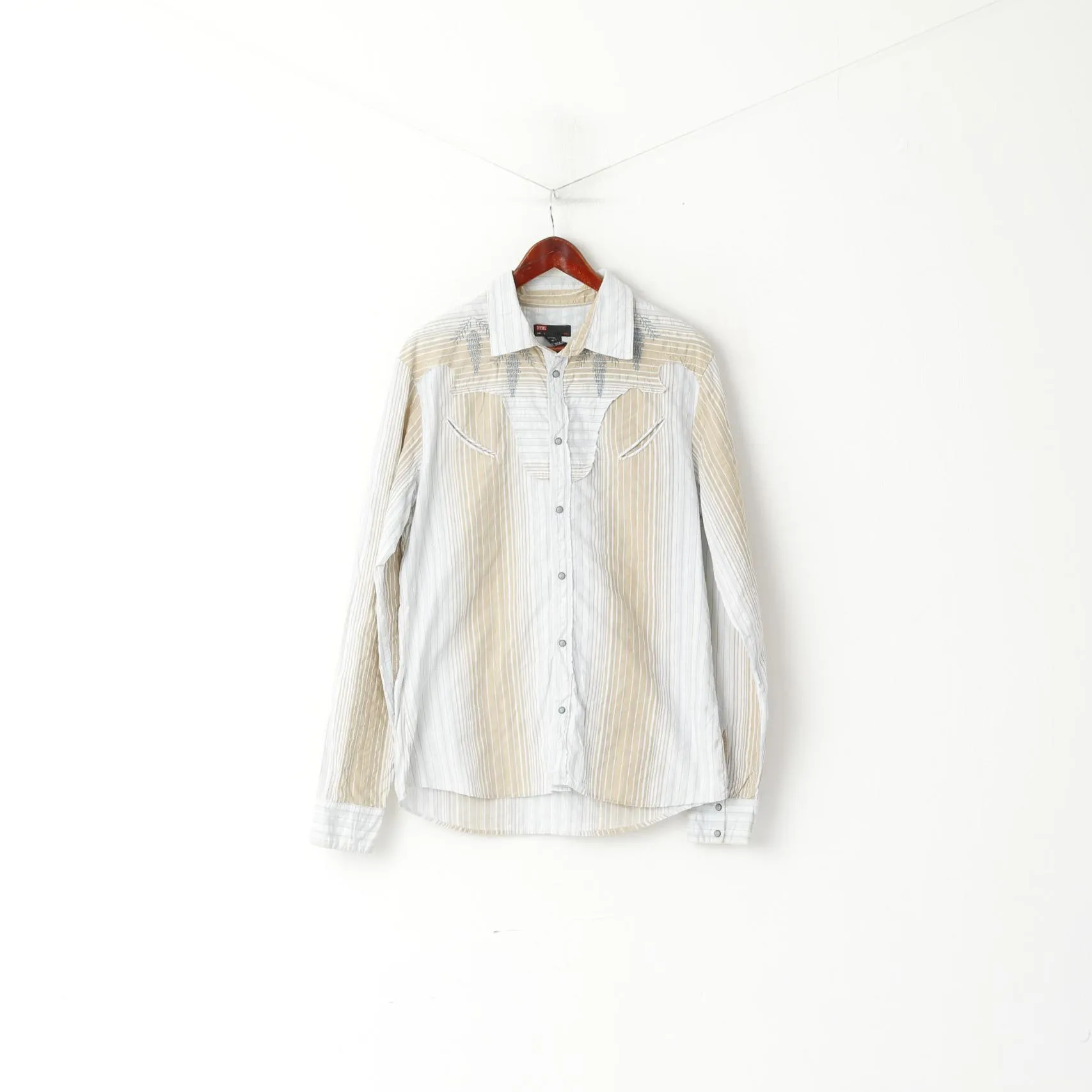 Diesel Men L Casual Shirt Blue Beige Striped Cotton Emroidered Snap Western Top