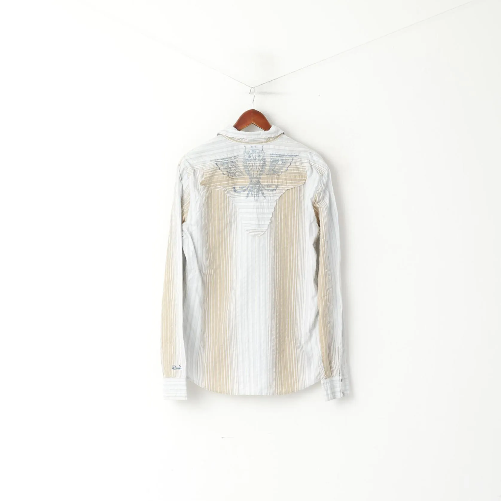 Diesel Men L Casual Shirt Blue Beige Striped Cotton Emroidered Snap Western Top
