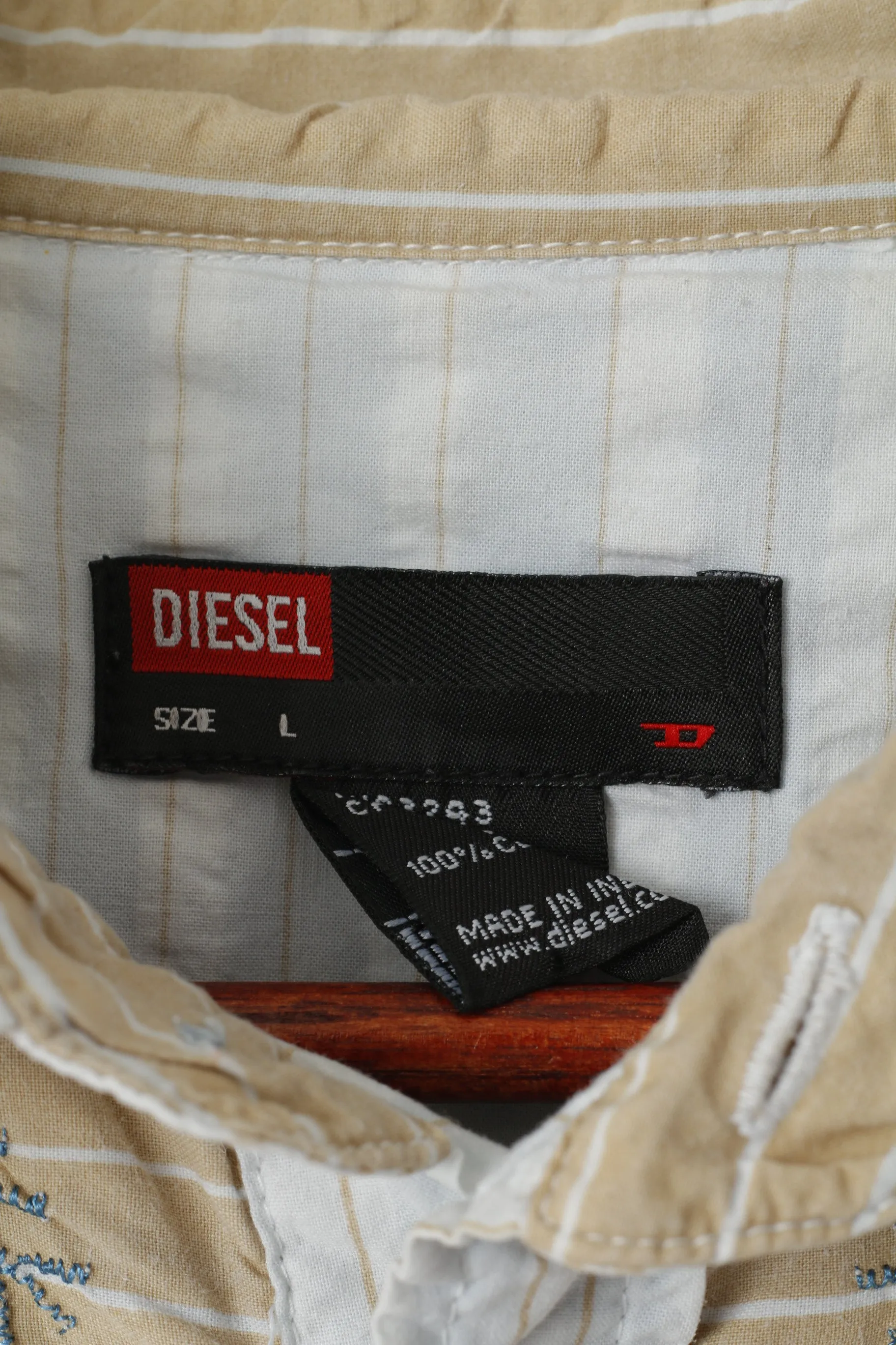 Diesel Men L Casual Shirt Blue Beige Striped Cotton Emroidered Snap Western Top