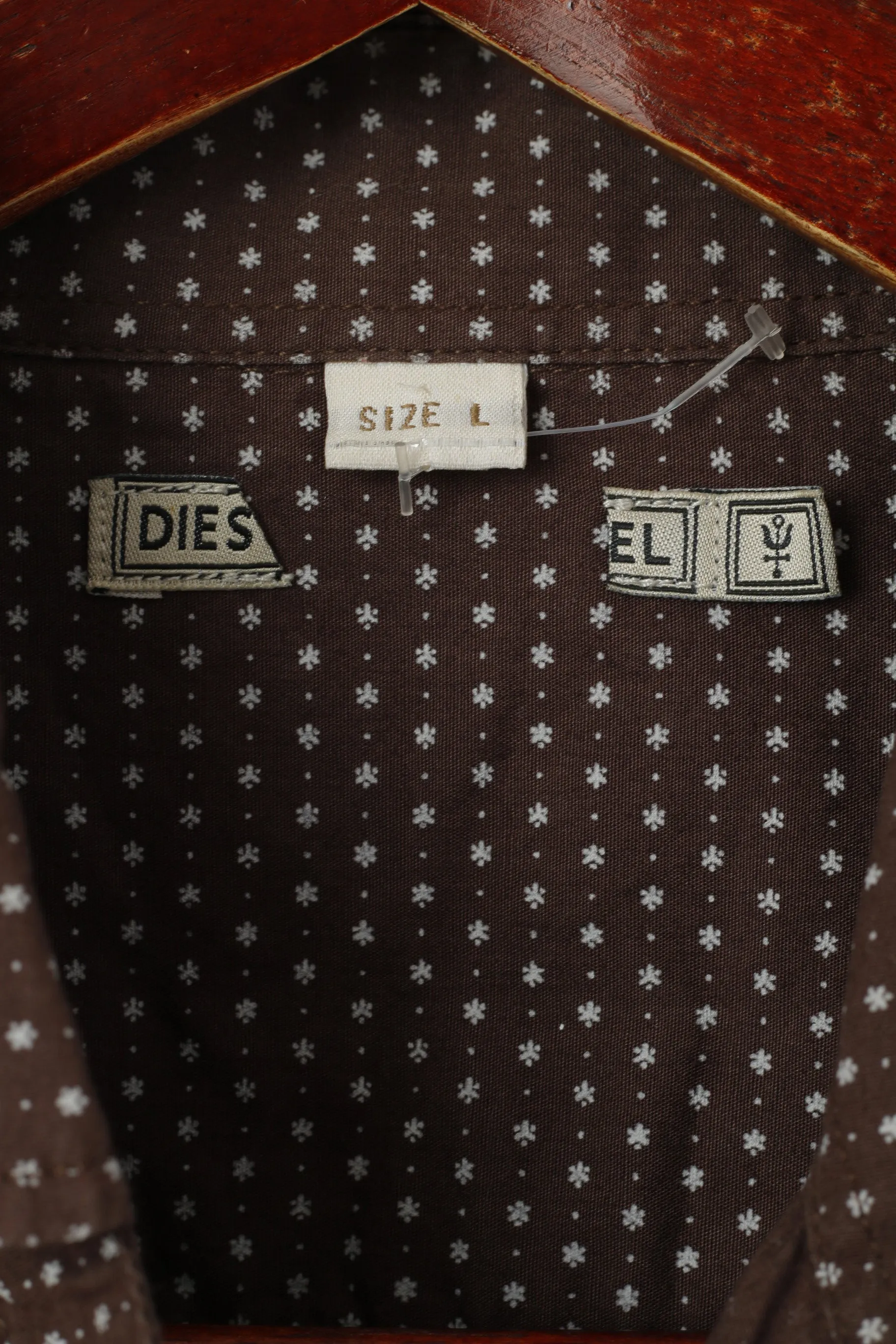 Diesel Men L (M) Casual Shirt Brown Cotton Tiny Snowflake Pattern Long Sleeve Top