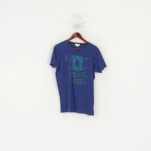 Diesel Men M Shirt Blue Cotton Graphic Embroidered Crew Neck Classic Top