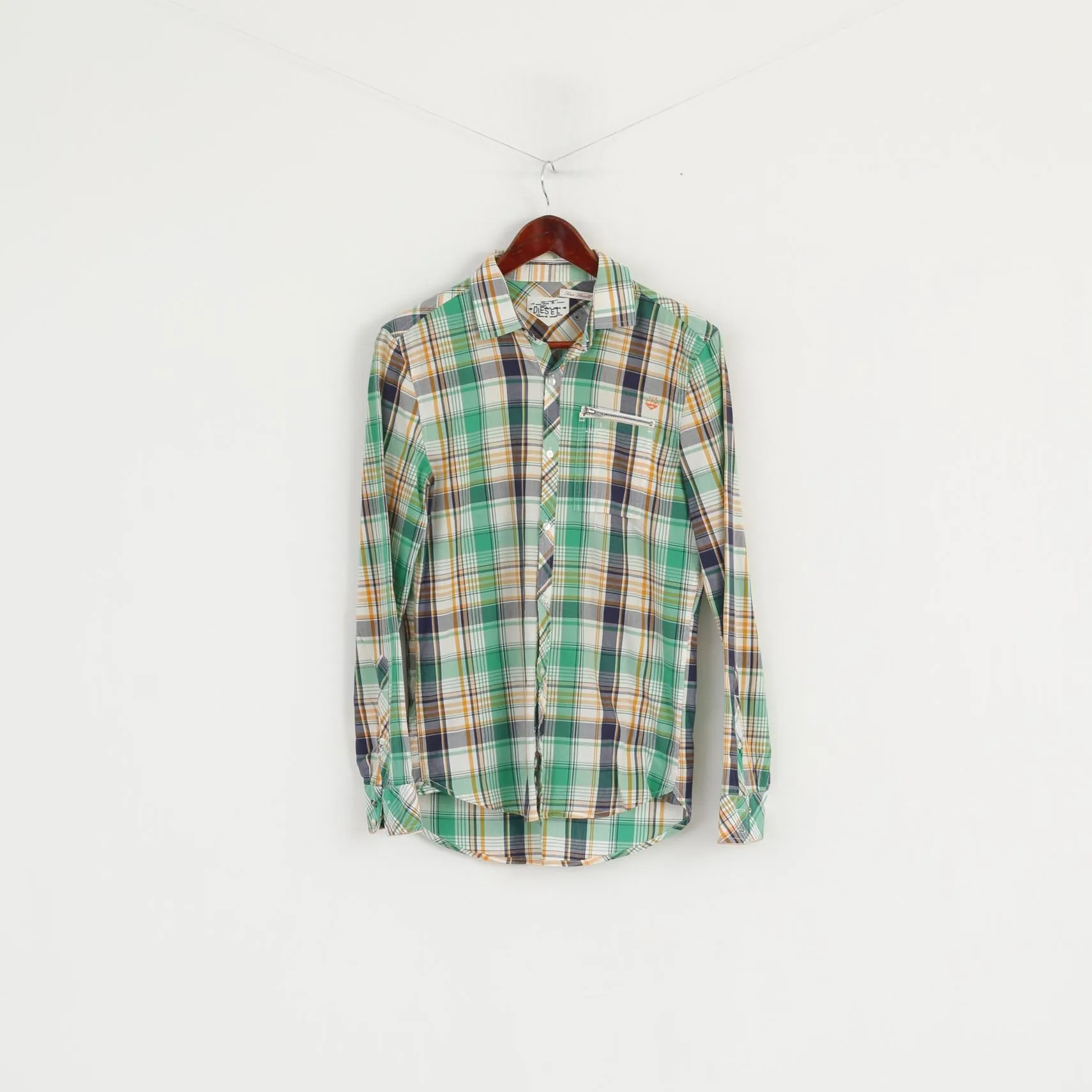 Diesel Men S Casual Shirt Green Cotton Checkered Zip Pocket Long Sleeve Top
