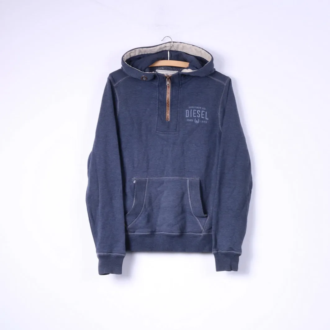 Diesel Mens S Sweatshirt Hooded Blue Sportswear Top Zip Neck