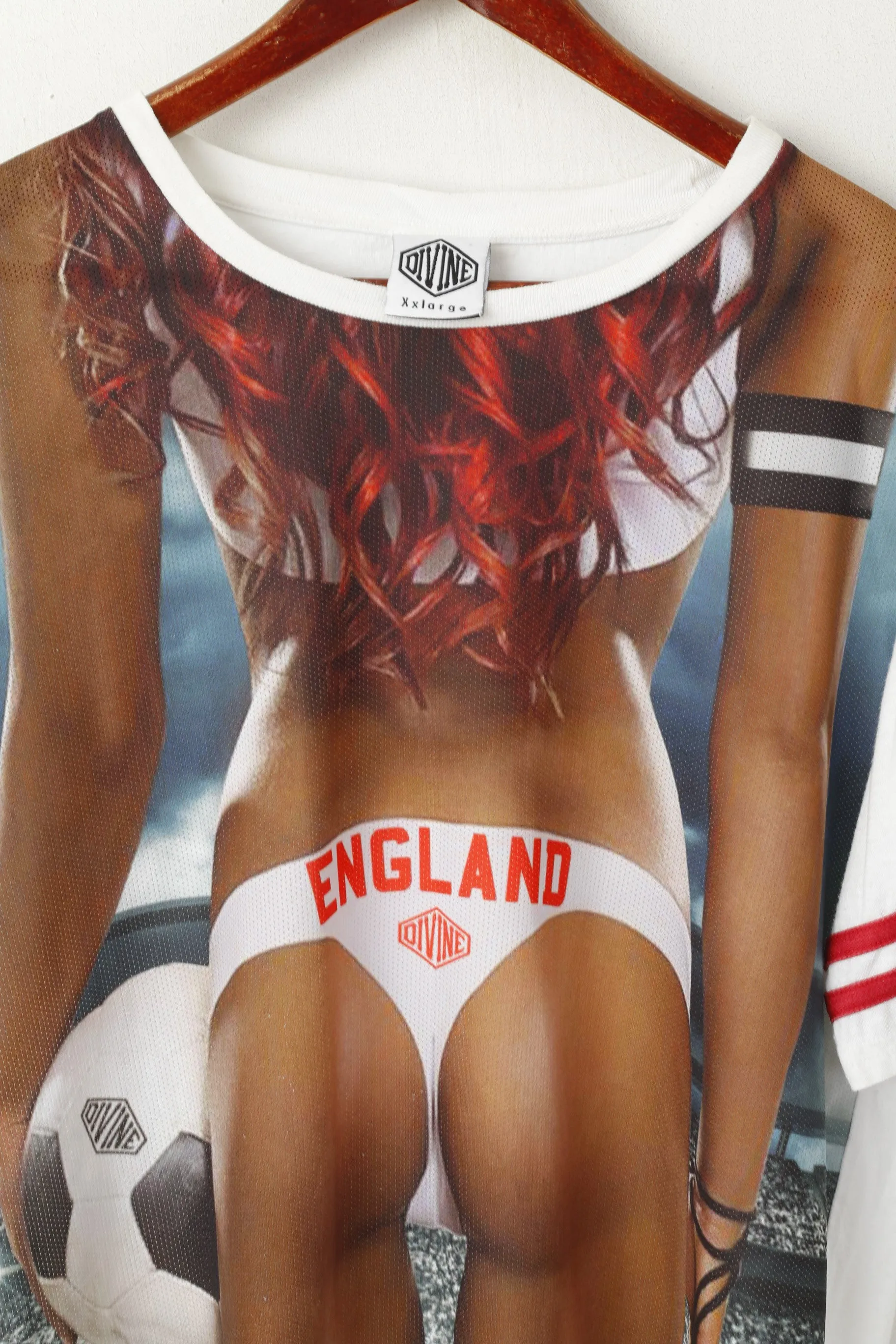 Divine Men 2XL (XL) Shirt White Cotton Graphic England Football Mesh Front Top