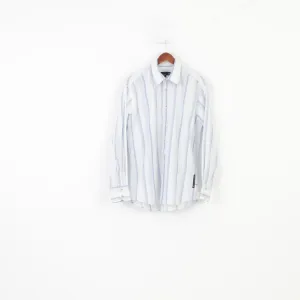 Duck And Cover Men L Casual Shirt Striped Blue Long Sleeve Collar Cotton Top