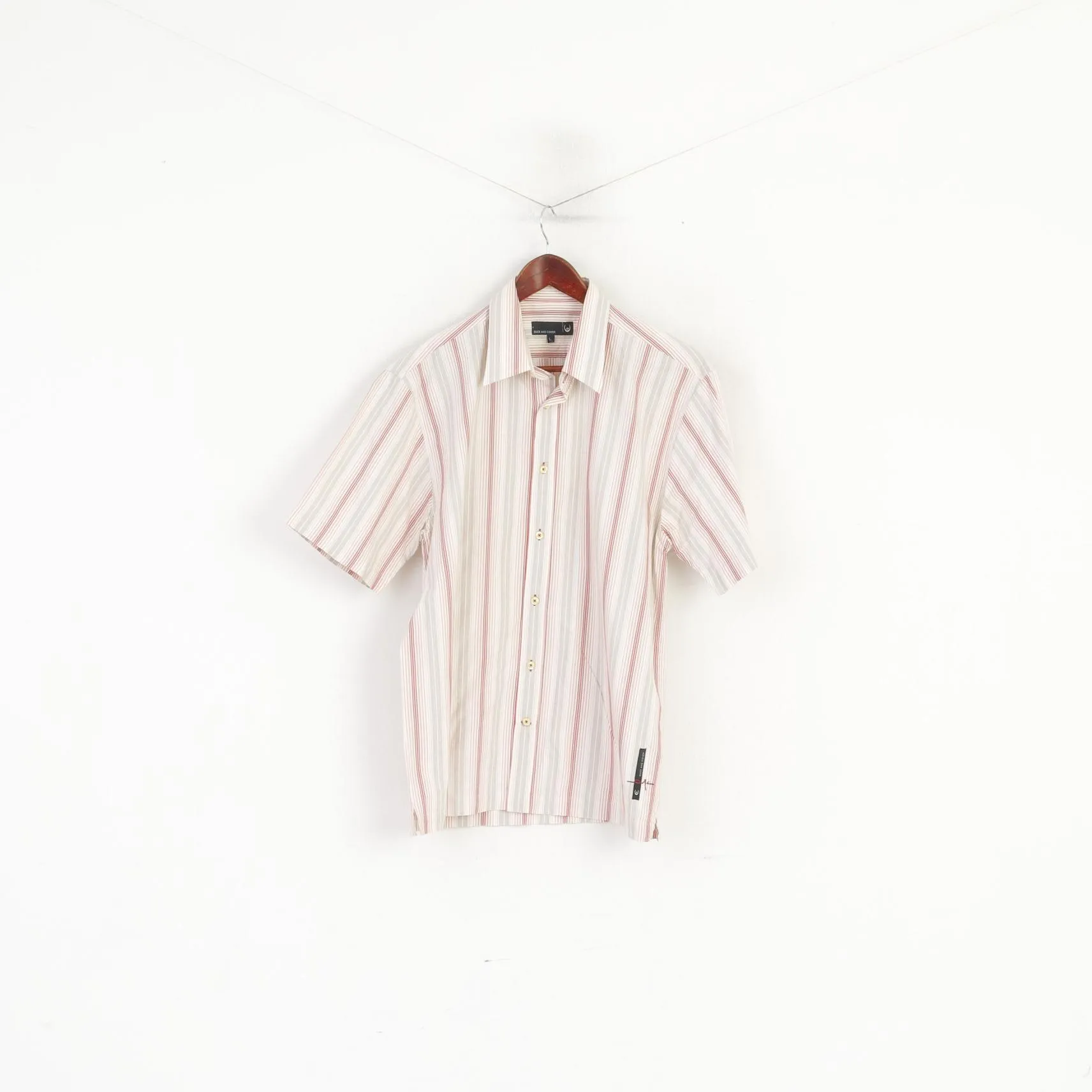 Duck and Cover Men L (M) Casual Shirt Beige Striped Armondo Style Short Sleeve Top