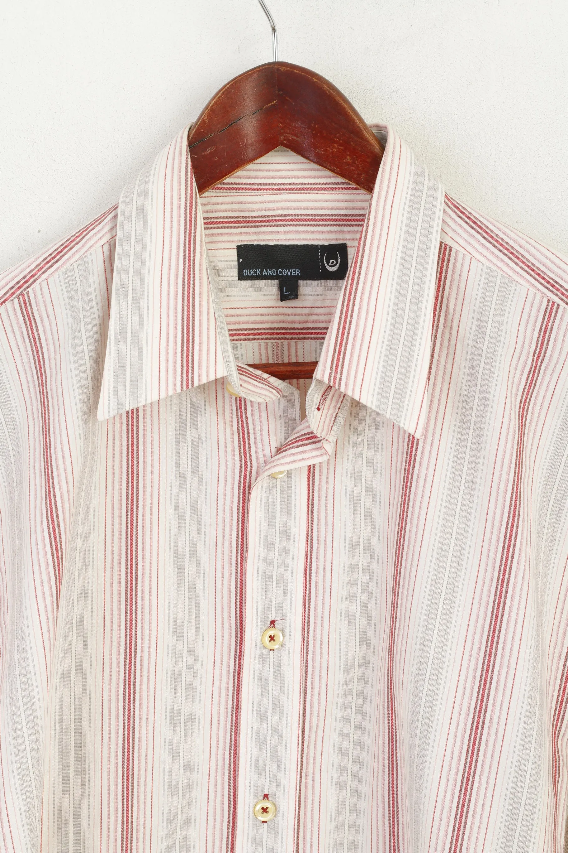 Duck and Cover Men L (M) Casual Shirt Beige Striped Armondo Style Short Sleeve Top