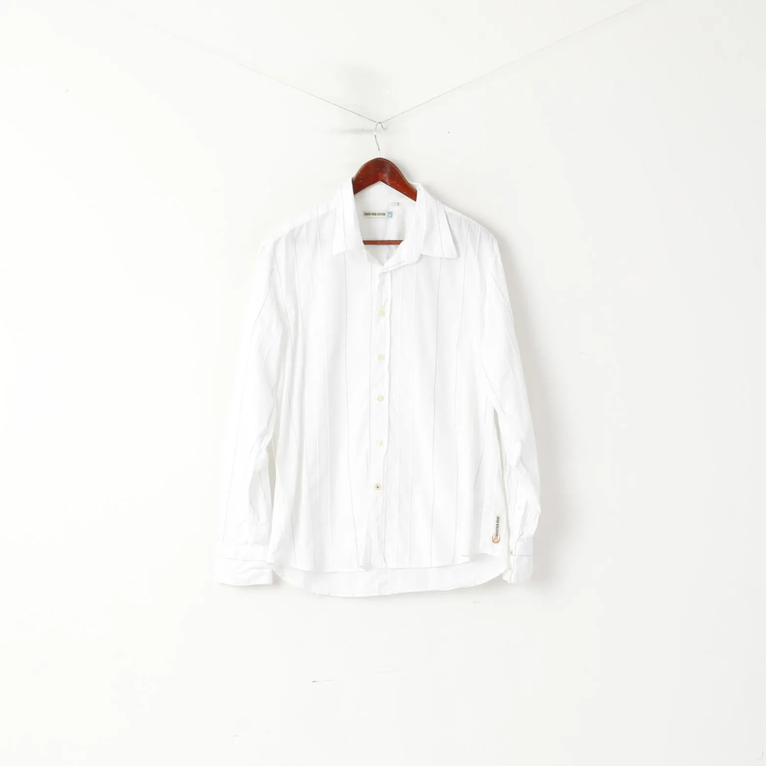 Duck And Cover Men XL Casual Shirt White Cotton Striped Texture Long Sleeve Top