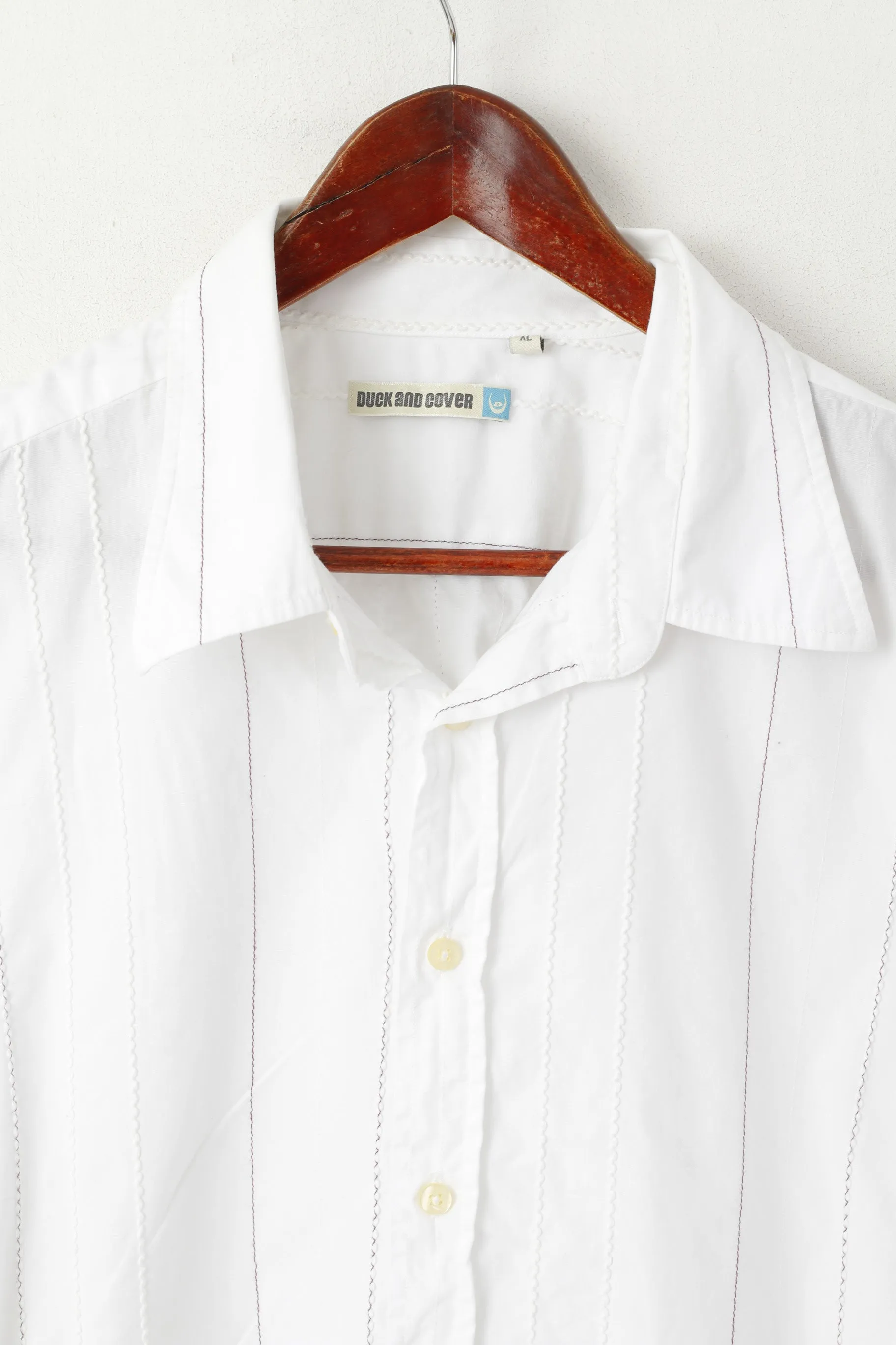 Duck And Cover Men XL Casual Shirt White Cotton Striped Texture Long Sleeve Top