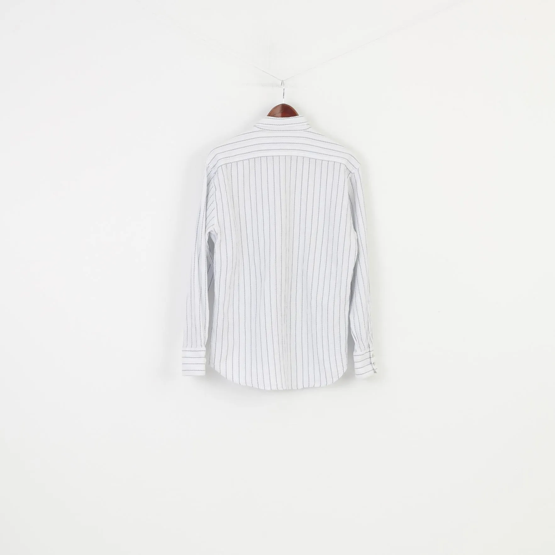 Duck And Cover Men XL Elegant Shirt  Cotton Striped White Light Blue Collar Long Sleeve Buttons Top