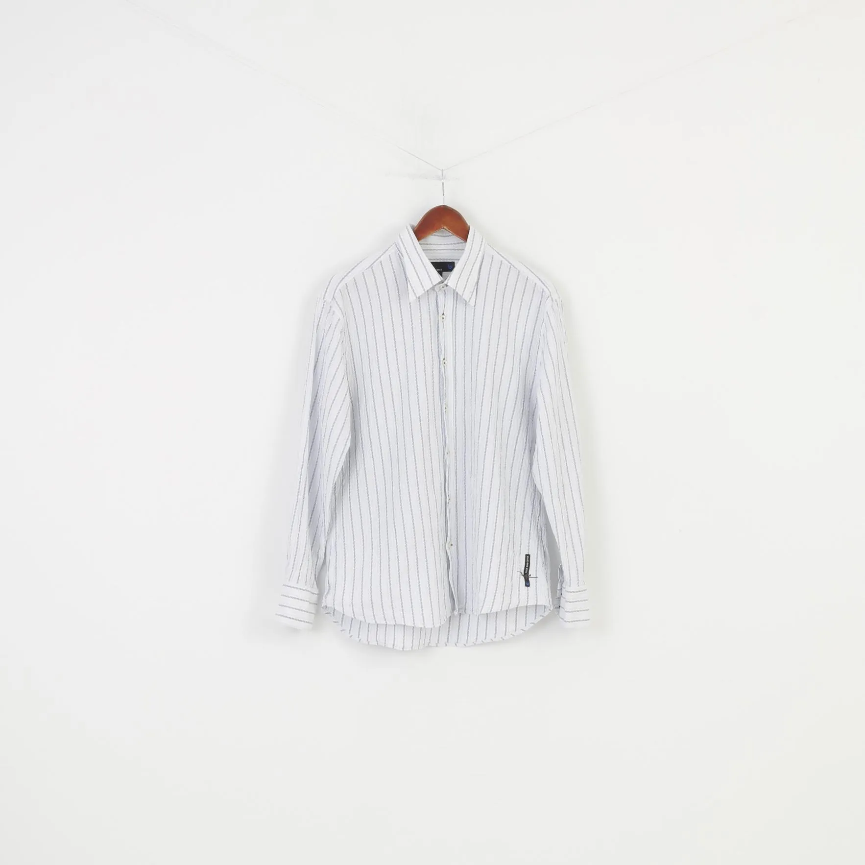 Duck And Cover Men XL Elegant Shirt  Cotton Striped White Light Blue Collar Long Sleeve Buttons Top