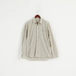 East West Men M Casual Shirt Beige Check Cotton Western Long Sleeve Top