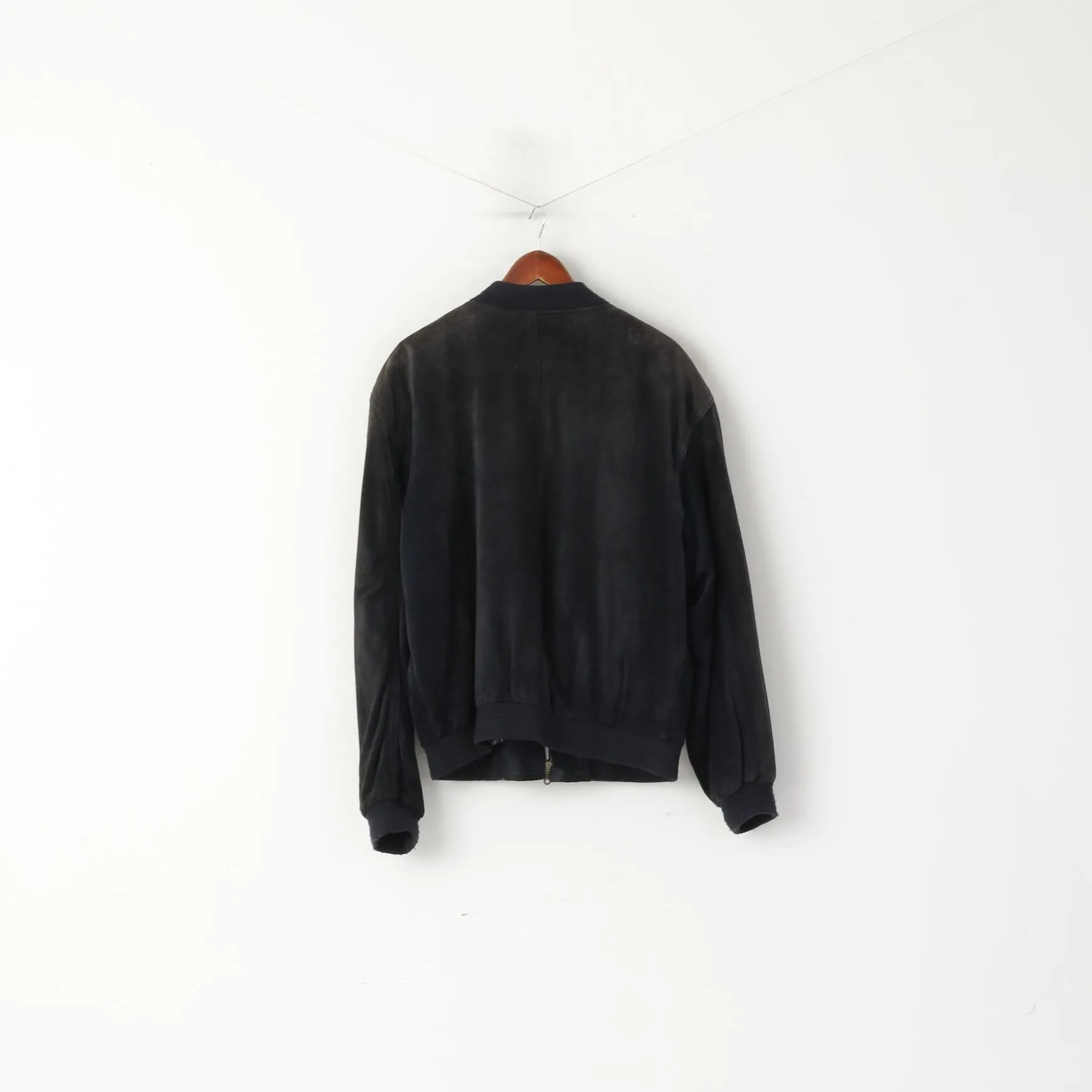 Echt Leder Men 54 L Bomber Jacket Black Vintage Leather Velour Biker Full Zipper Top