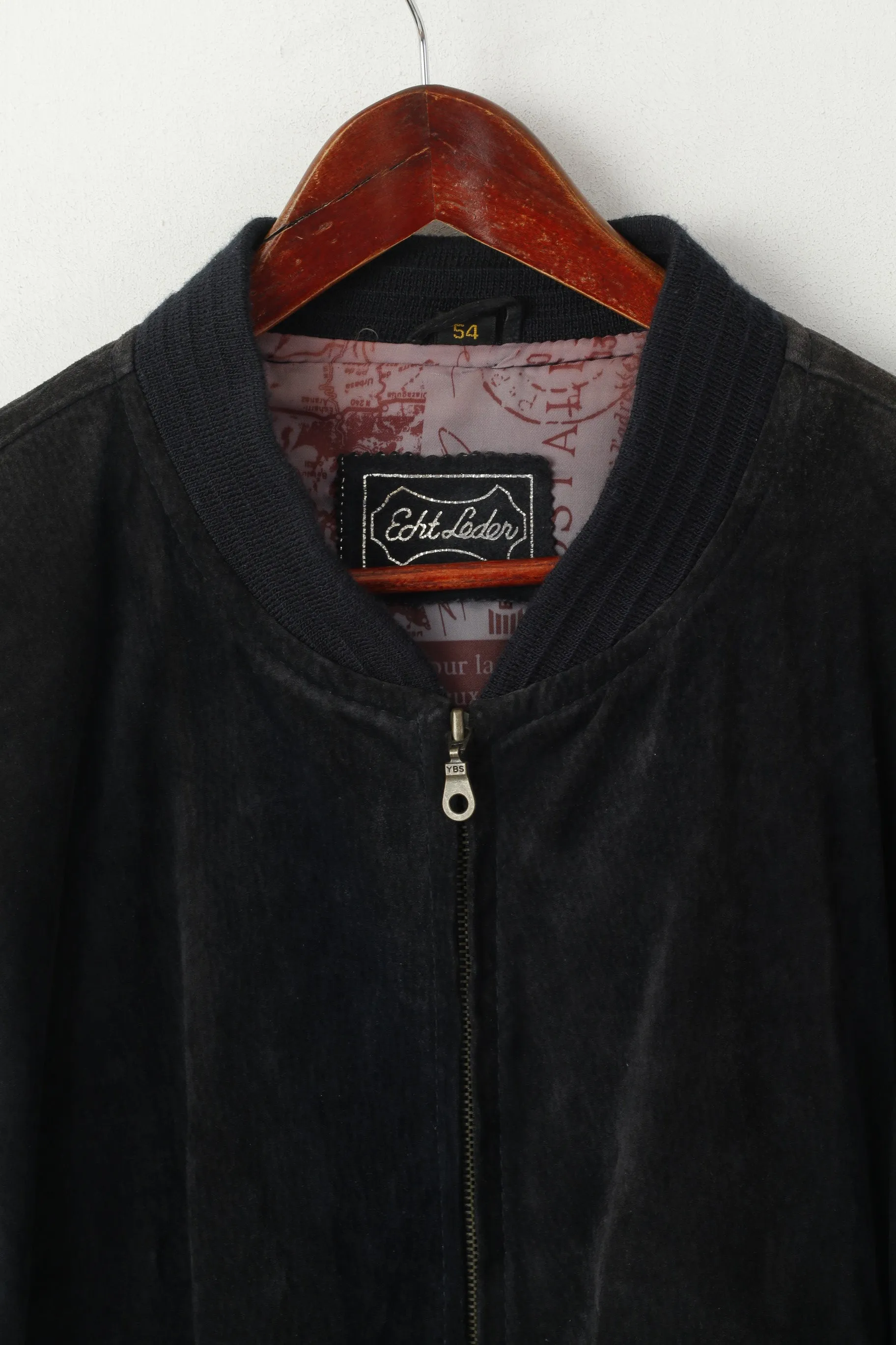 Echt Leder Men 54 L Bomber Jacket Black Vintage Leather Velour Biker Full Zipper Top