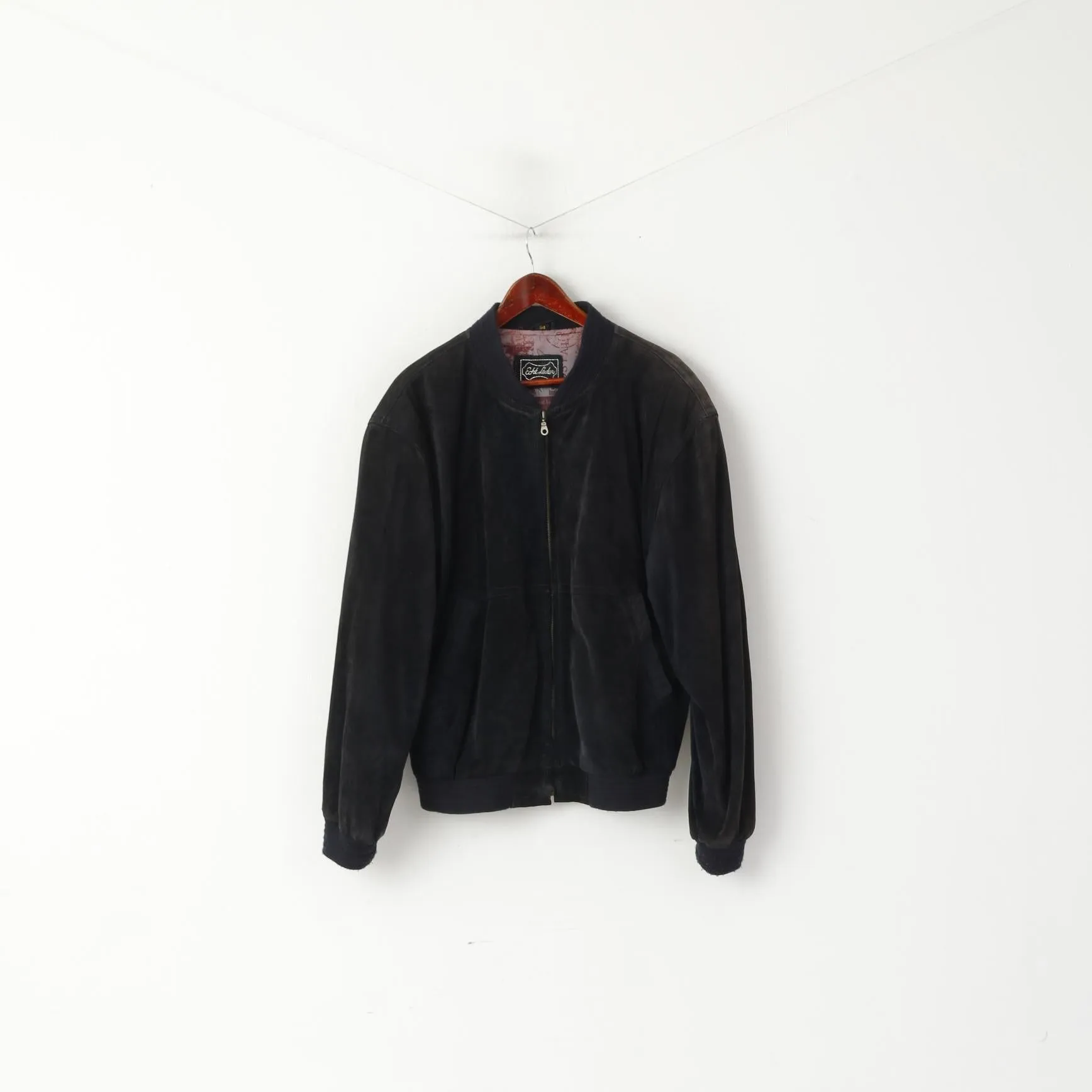 Echt Leder Men 54 L Bomber Jacket Black Vintage Leather Velour Biker Full Zipper Top