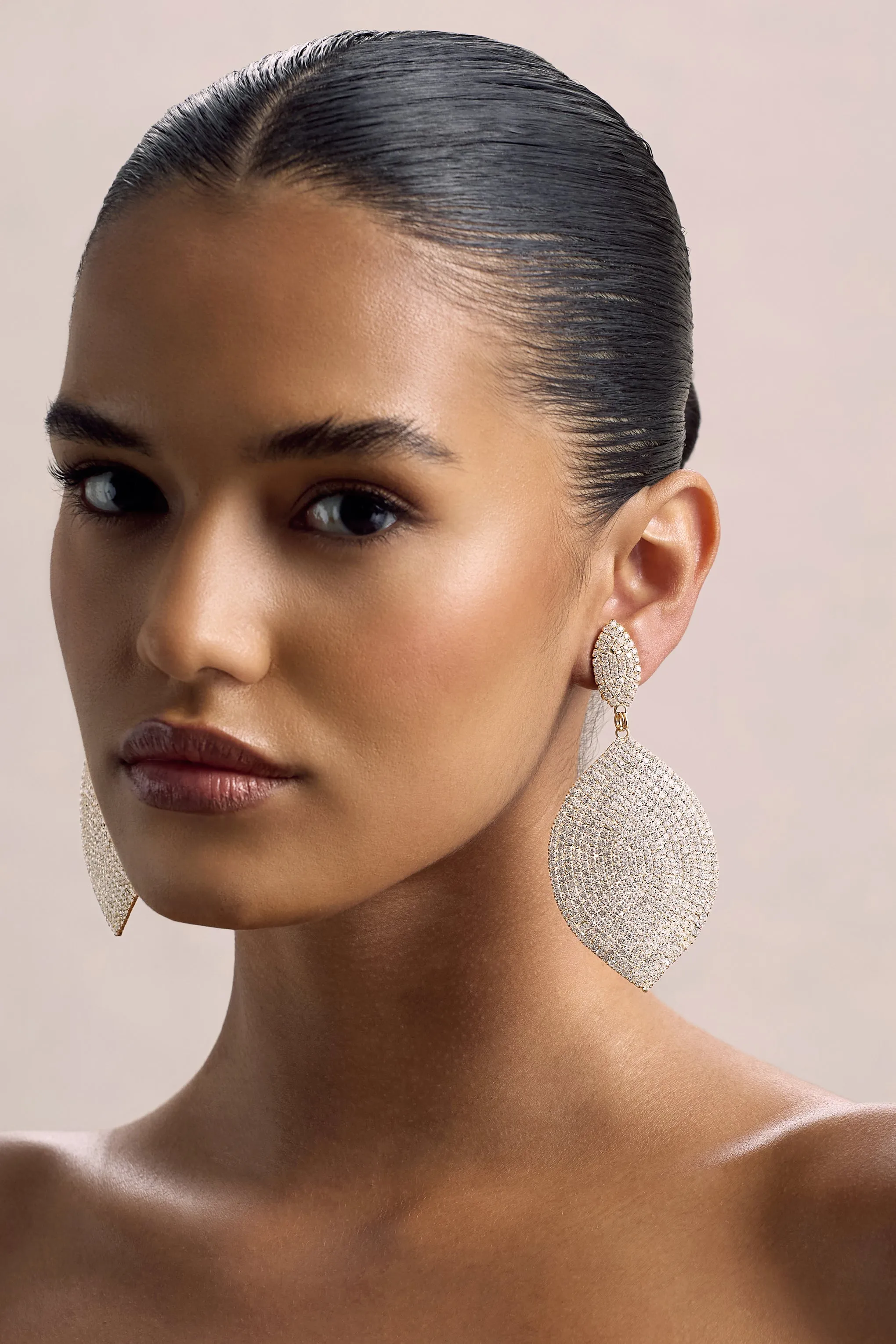 Ego | Gold Diamante Leaf Drop Earrings Club L London