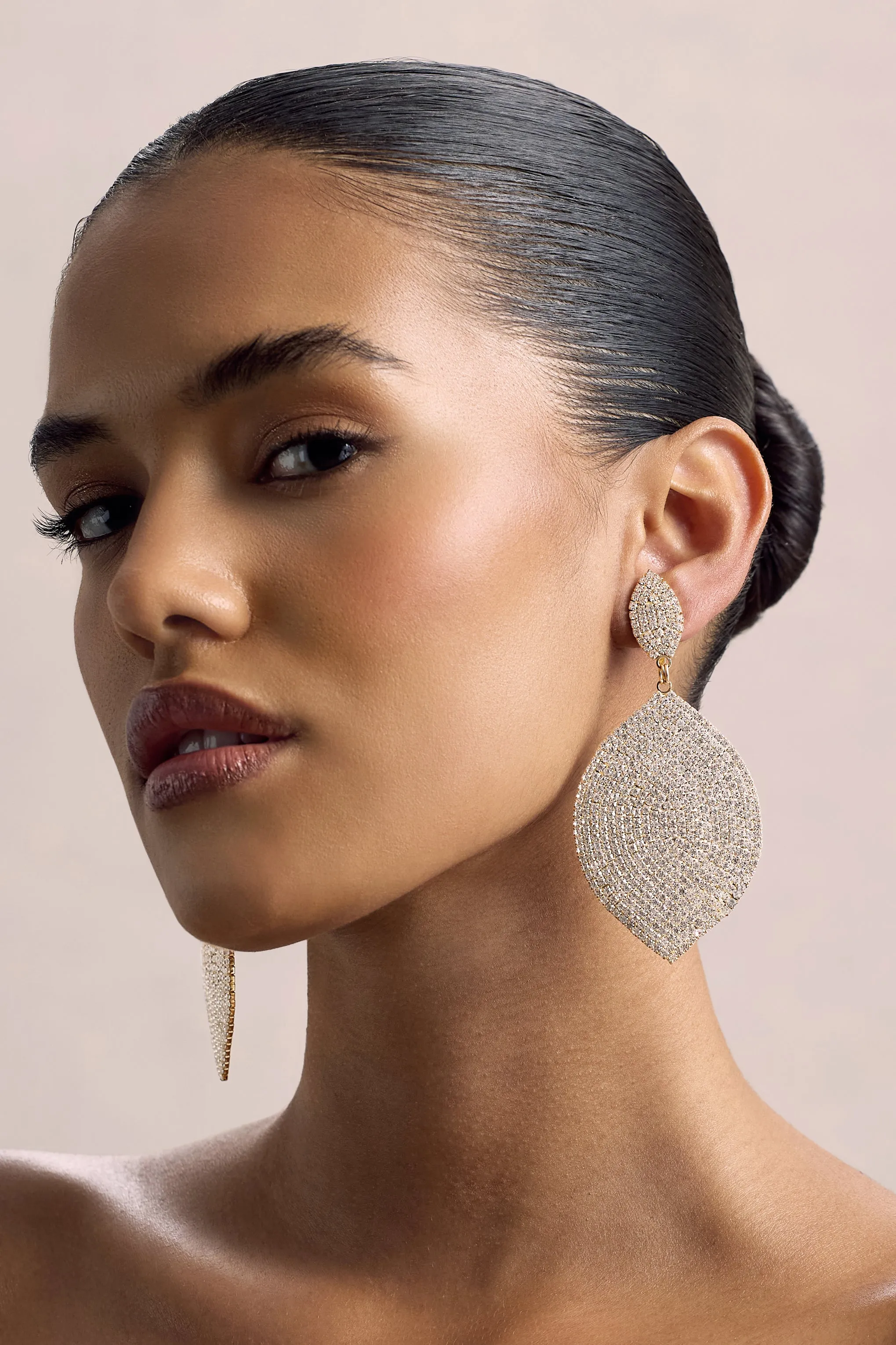 Ego | Gold Diamante Leaf Drop Earrings Club L London