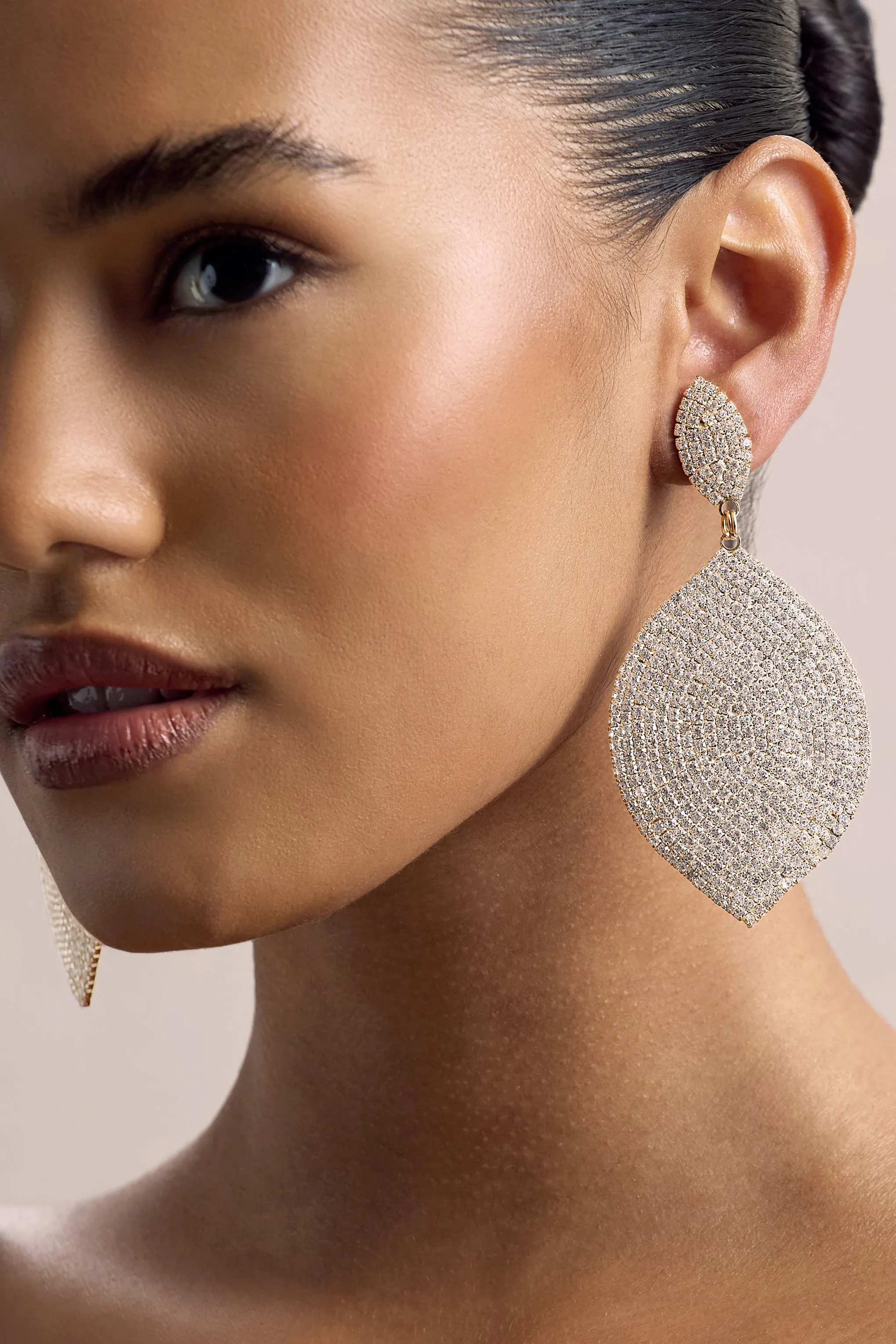 Ego | Gold Diamante Leaf Drop Earrings Club L London