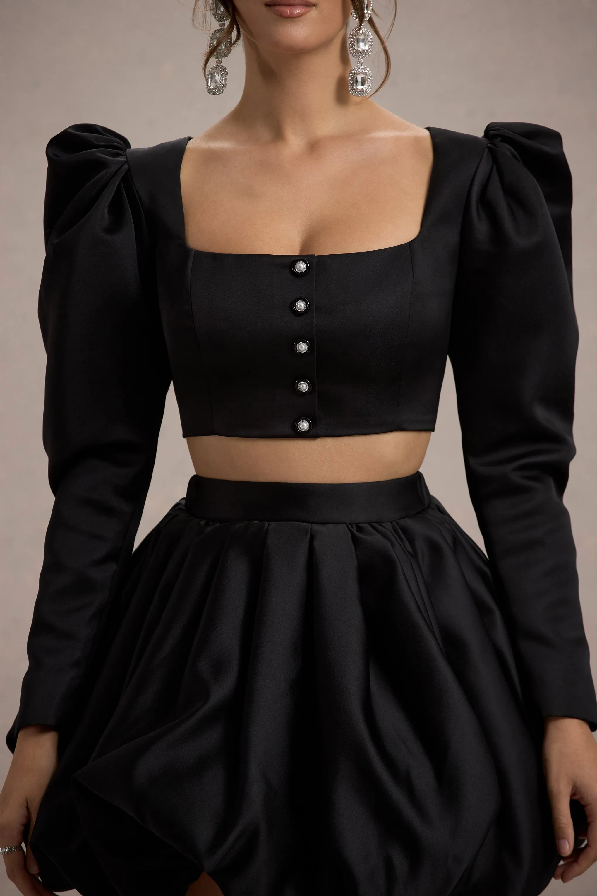 Eloisa | Black Satin Puff-Sleeve Cropped Jacket Club L London