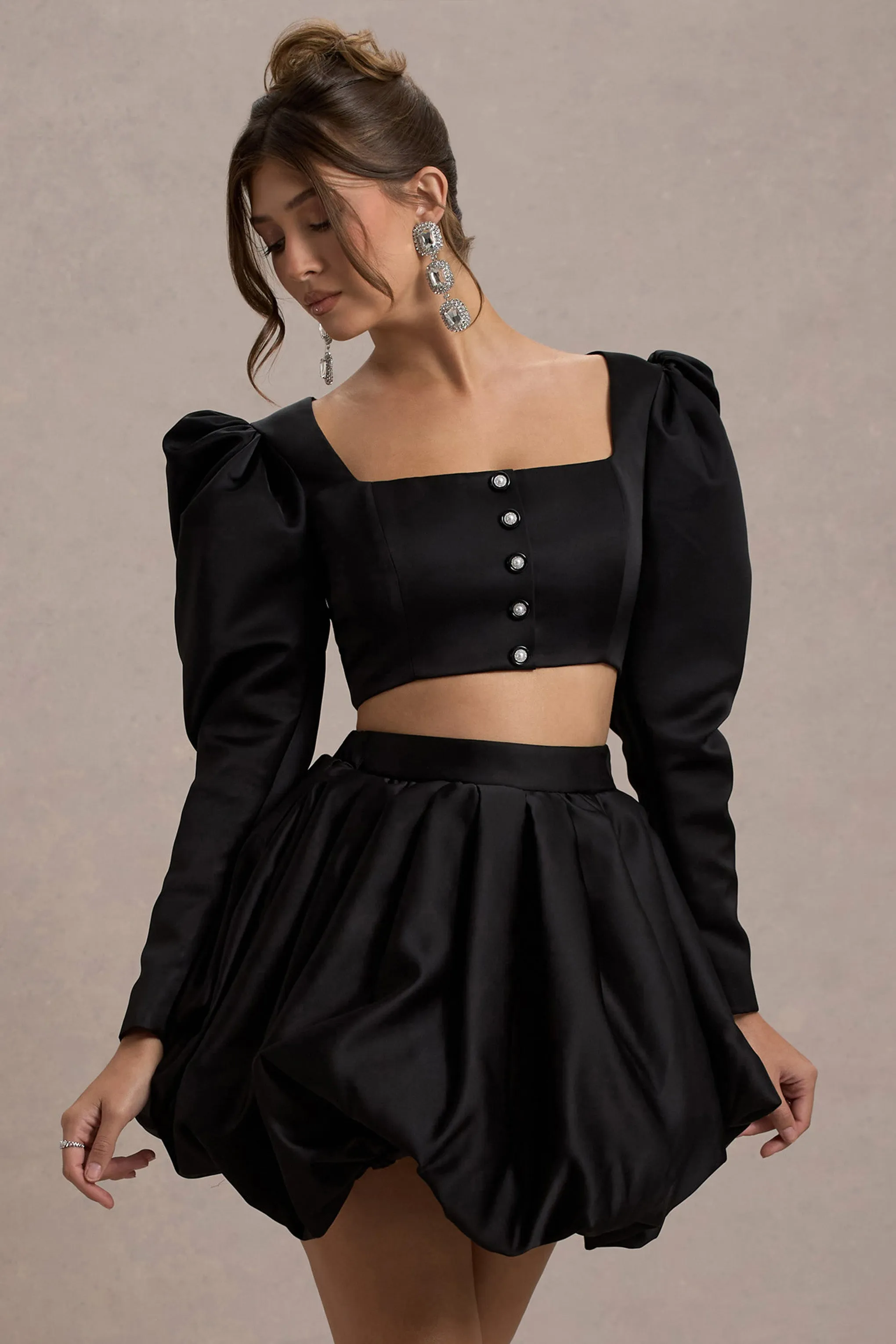 Eloisa | Black Satin Puff-Sleeve Cropped Jacket Club L London