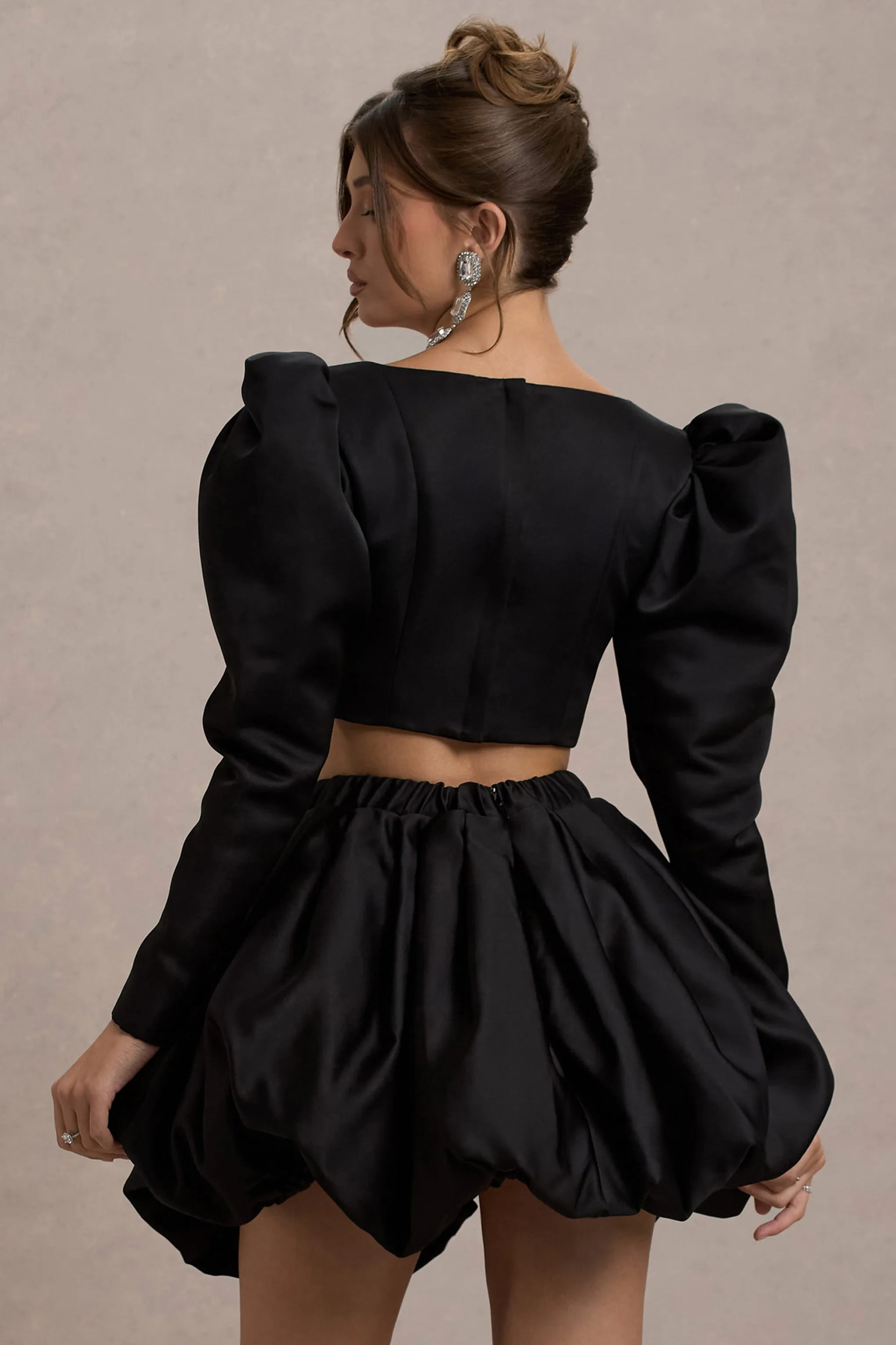 Eloisa | Black Satin Puff-Sleeve Cropped Jacket Club L London