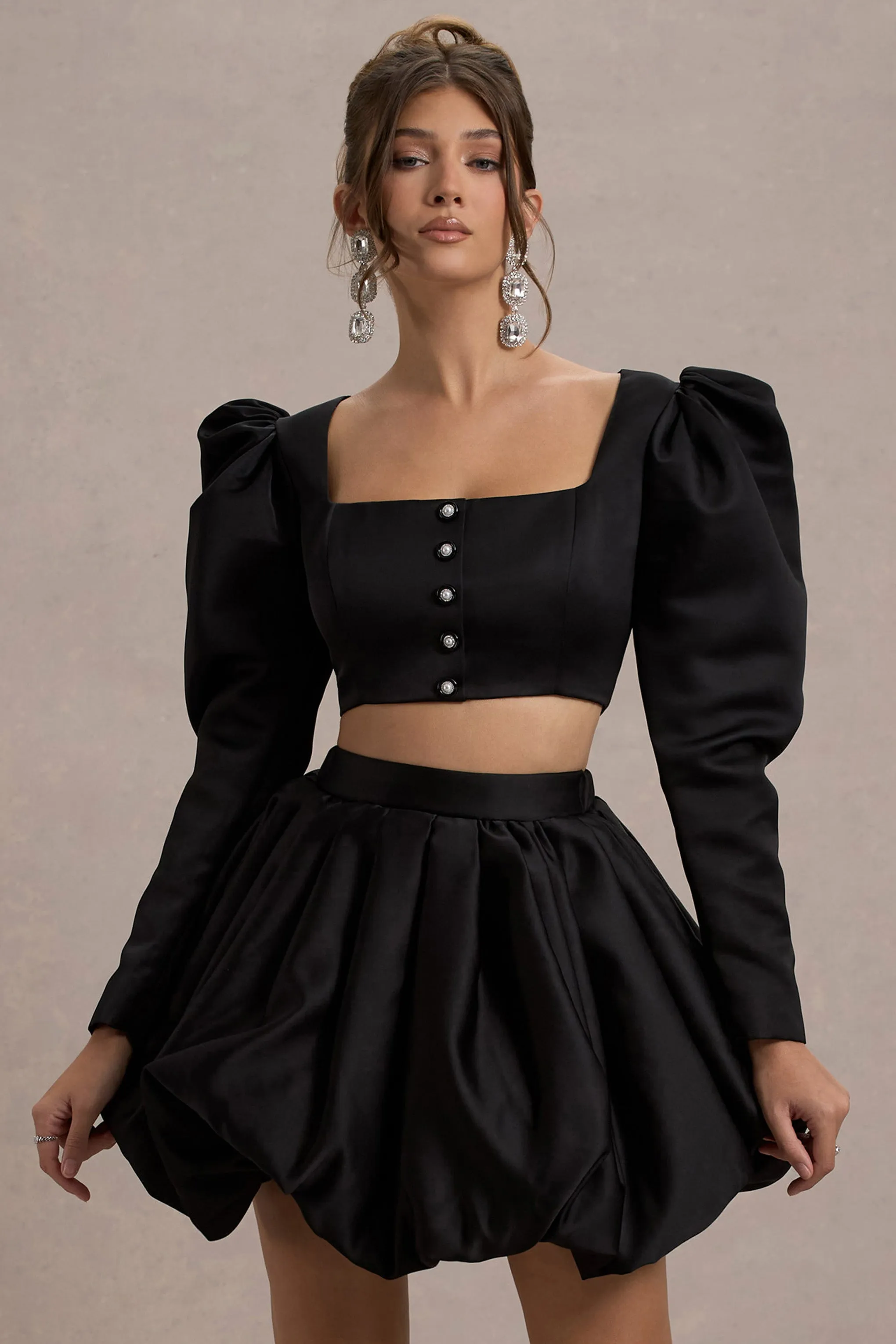 Eloisa | Black Satin Puff-Sleeve Cropped Jacket Club L London