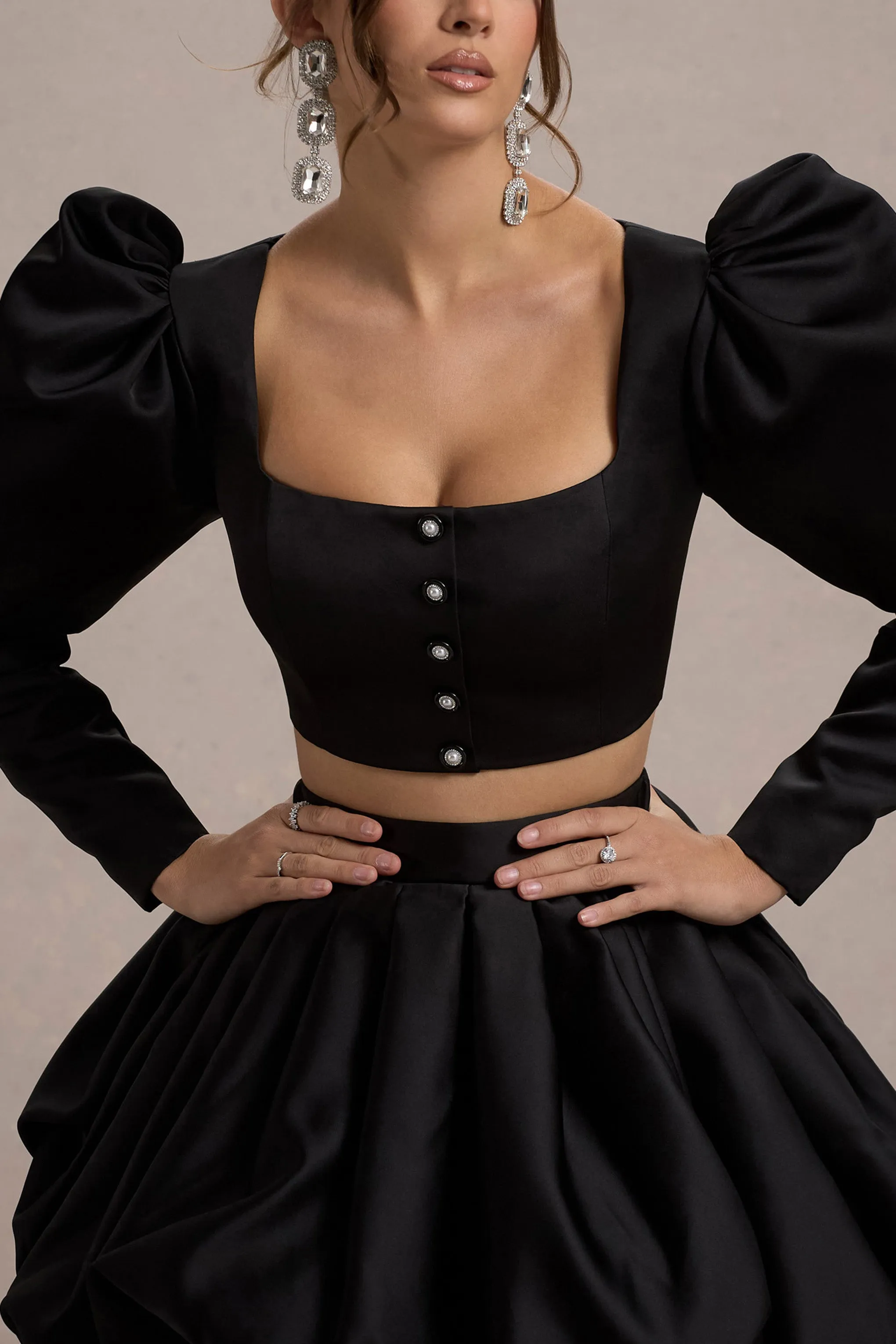 Eloisa | Black Satin Puff-Sleeve Cropped Jacket Club L London