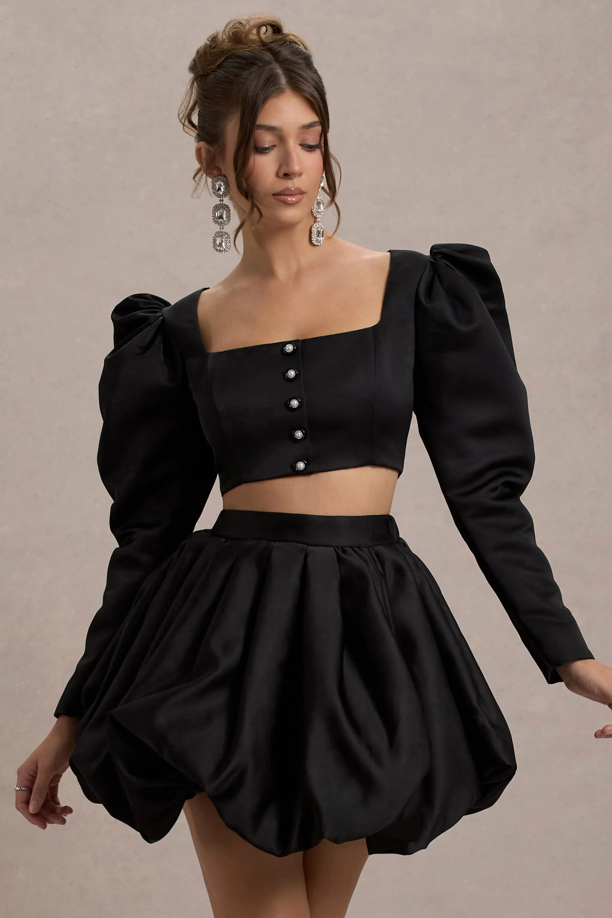 Eloisa | Black Satin Puff-Sleeve Cropped Jacket Club L London