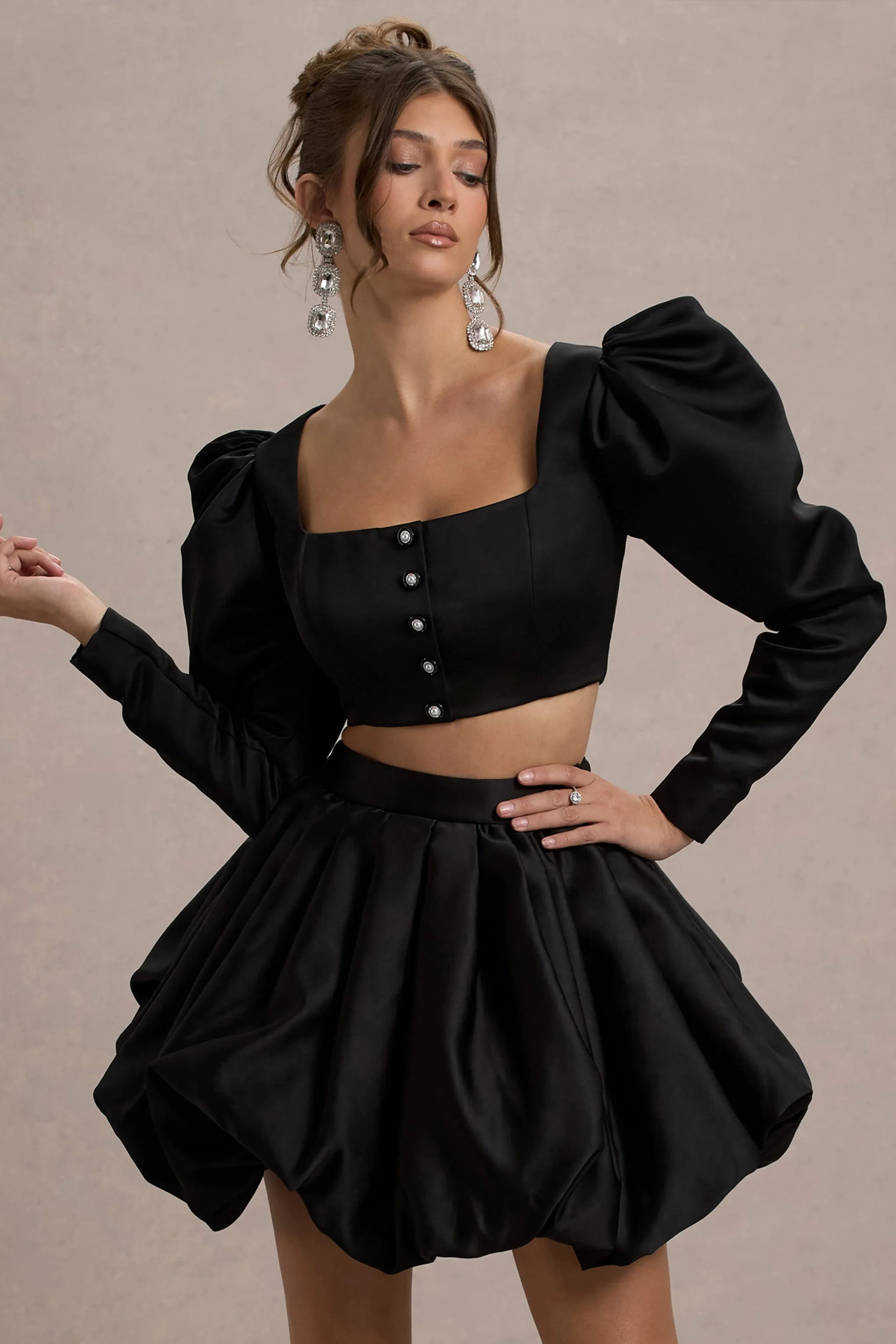 Eloisa | Black Satin Puff-Sleeve Cropped Jacket Club L London