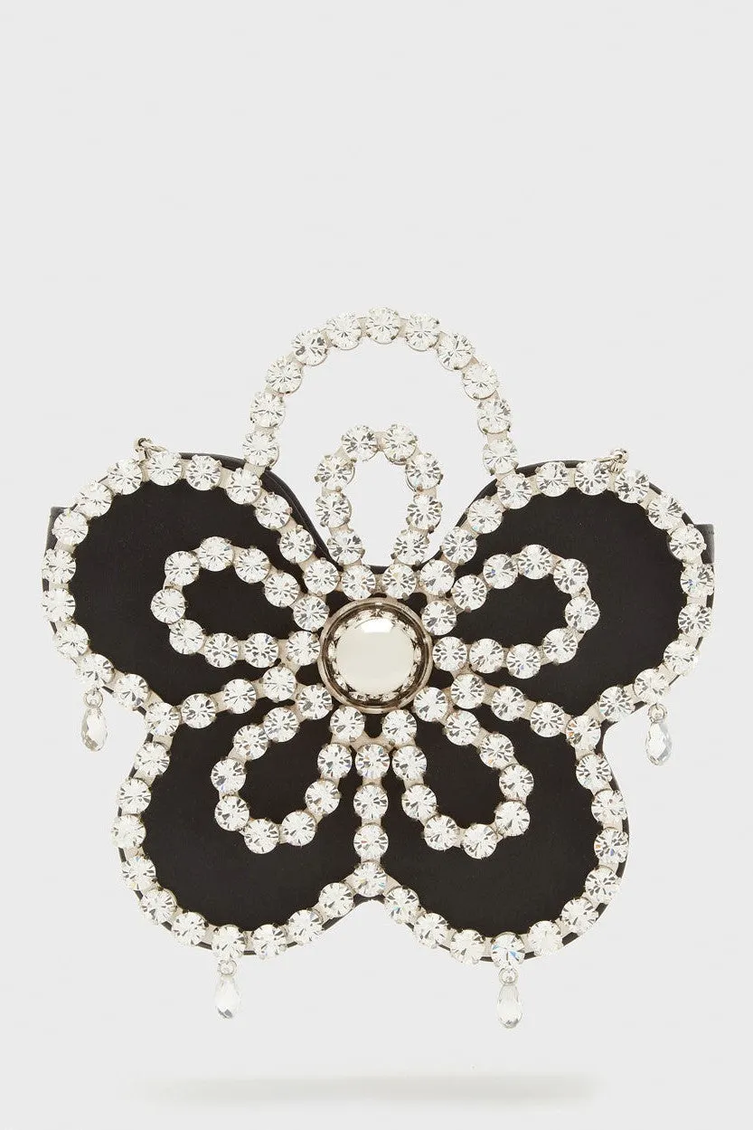 Elysa Flower Diamante Satin Clutch - Black Gloria Lanvin