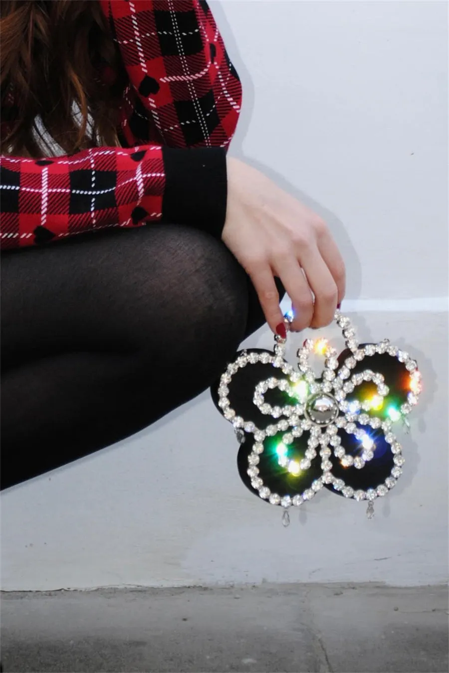 Elysa Flower Diamante Satin Clutch - Black Gloria Lanvin