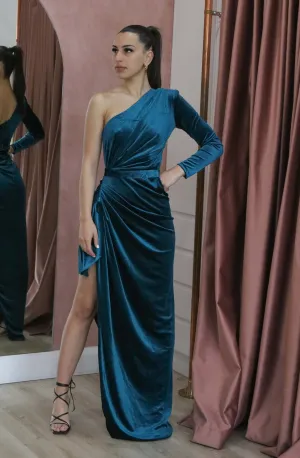Enigma Teal Velvet Gown by Lia Stublla