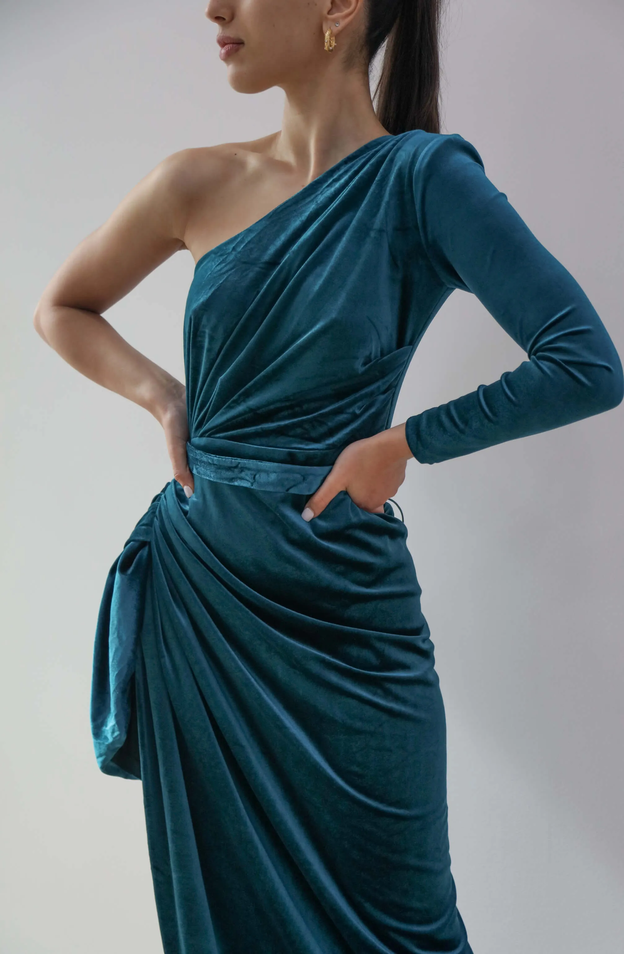Enigma Teal Velvet Gown by Lia Stublla